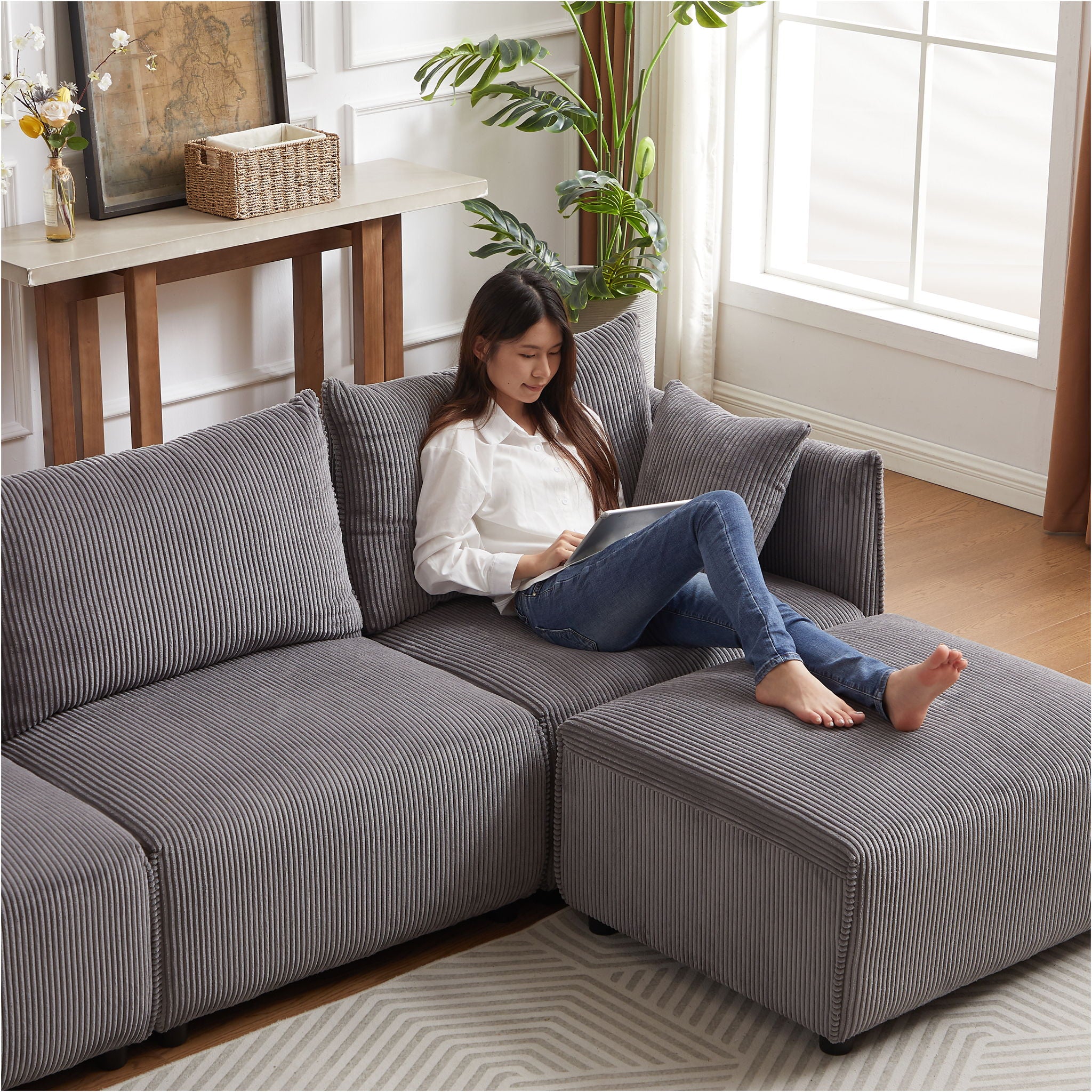 Modern Minimalist Corduroy Combination Sofa With 2 Comfort Cushions With USB & C Charging Ports - Best Buy Furniture