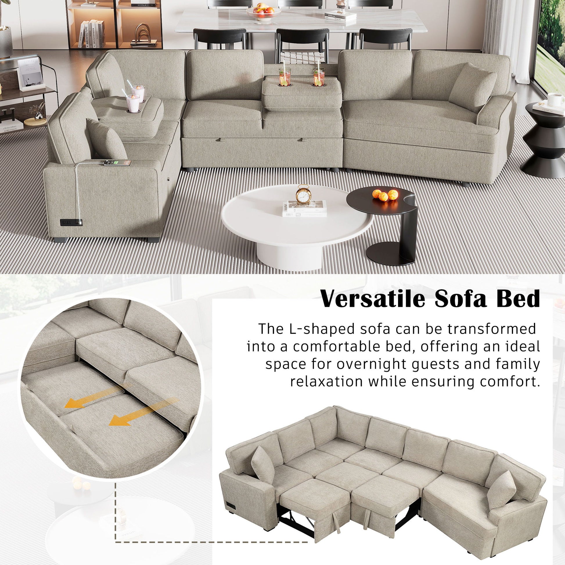 L-Shaped Sofa Sectional Sofa Couch Pull-Out Sofa Bed With Charging Devices And Cup Holders For Living Room - Best Buy Furniture