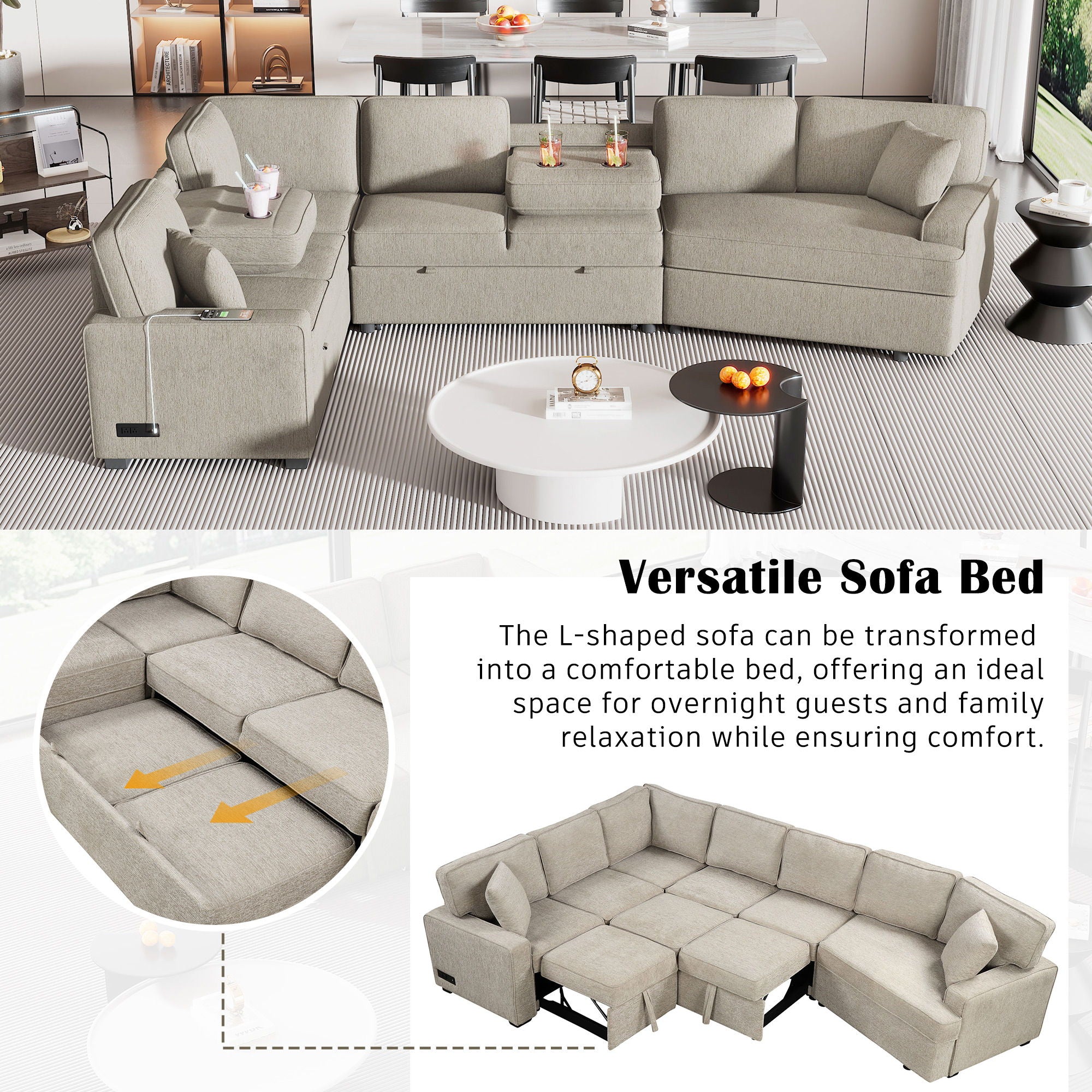 L-Shaped Sofa Sectional Sofa Couch Pull-Out Sofa Bed With Charging Devices And Cup Holders For Living Room - Best Buy Furniture