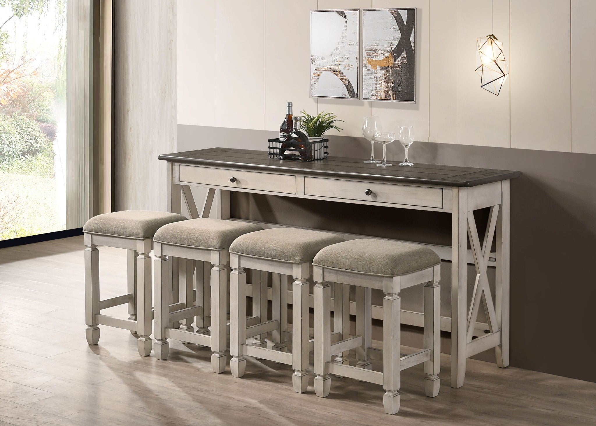 Console Table With 4 Stools - Antique White - Best Buy Furniture