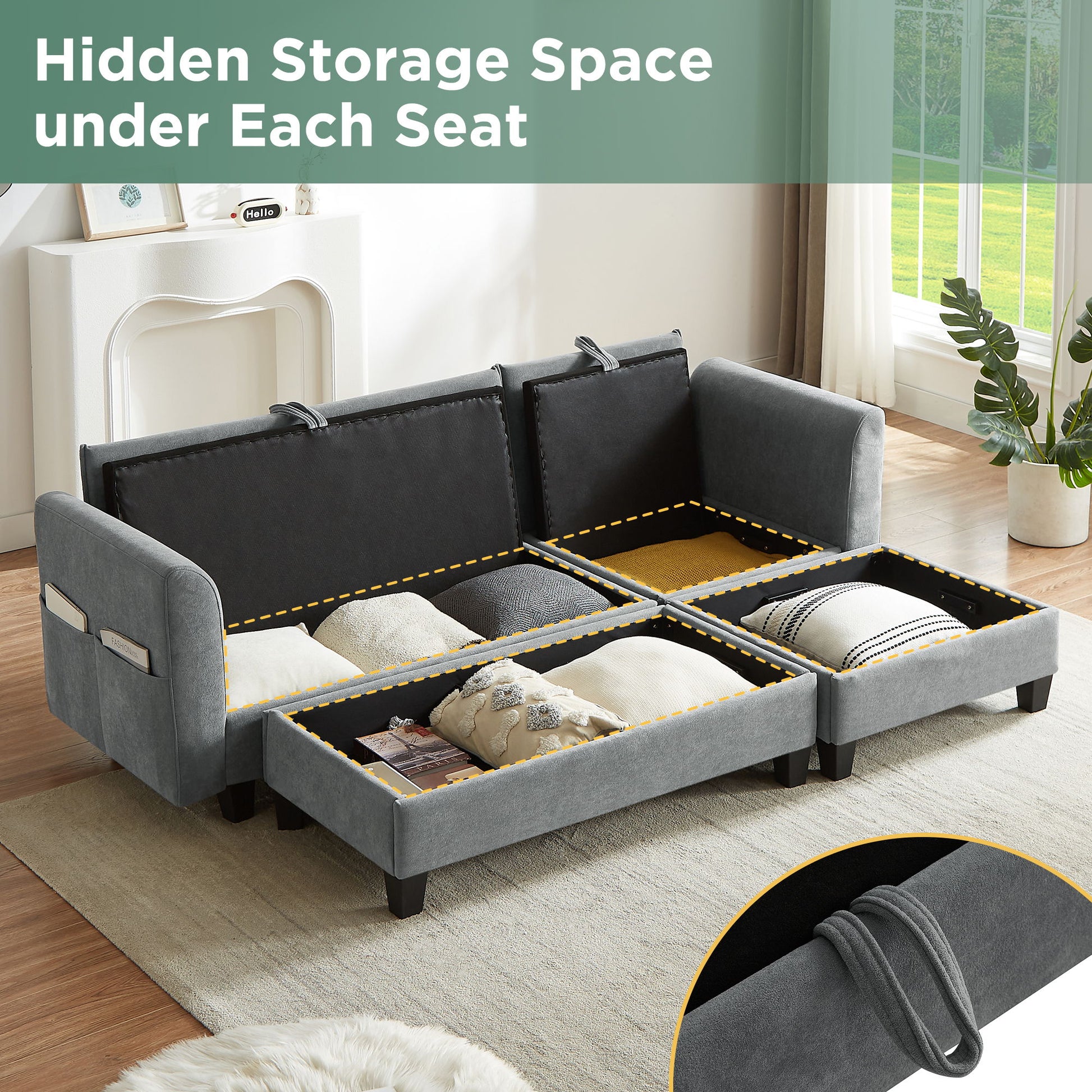 Upholstered L Shaped Sectional Sofa With Storage, Movable Ottoman, And 6 Throw Pillows - Best Buy Furniture