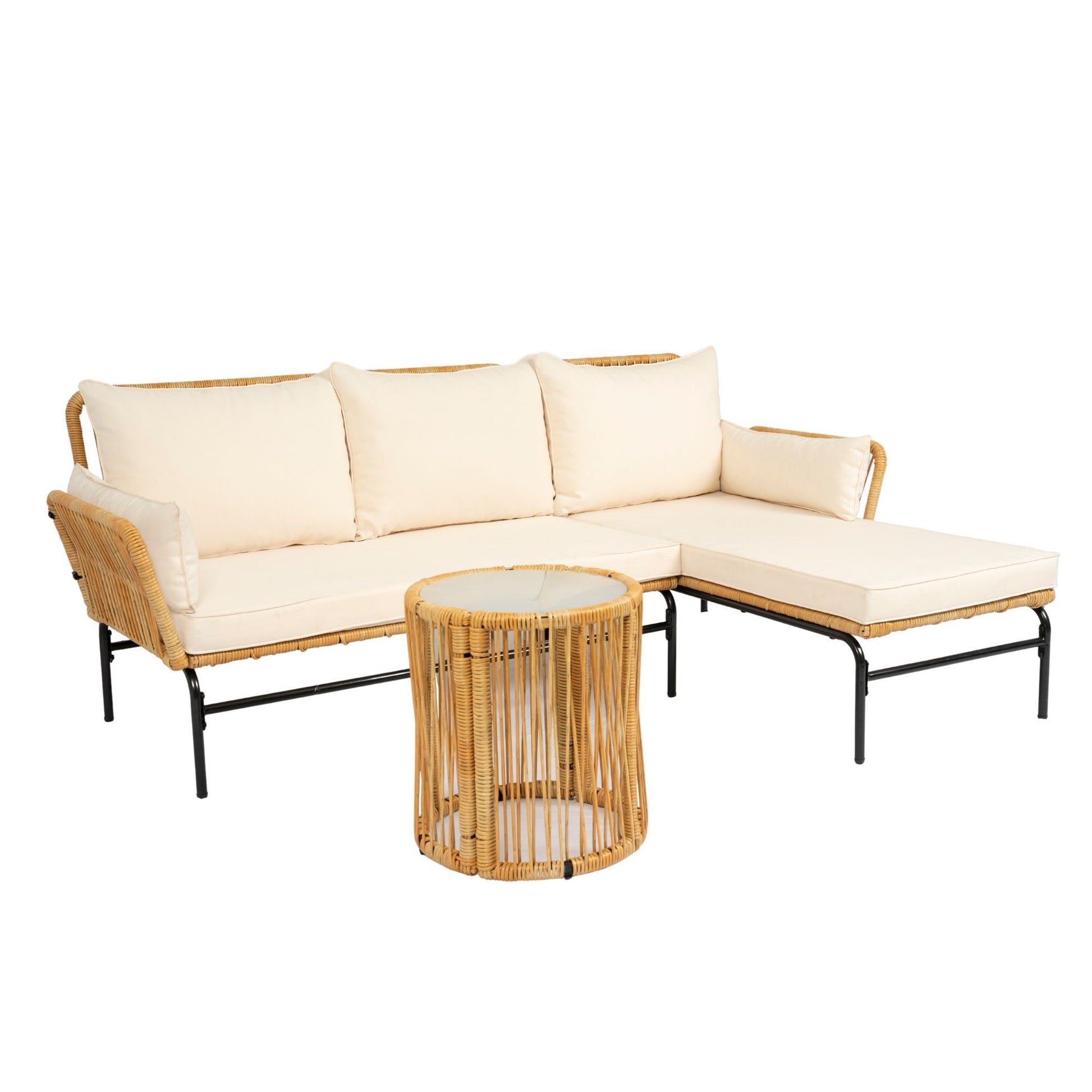 3 Pieces Outdoor Patio Wicker Furniture Sets Table And Chairs With Thick Cushion Outdoor Sofa Set Wicker And Cushion - Natural Yellow / Creme - Best Buy Furniture