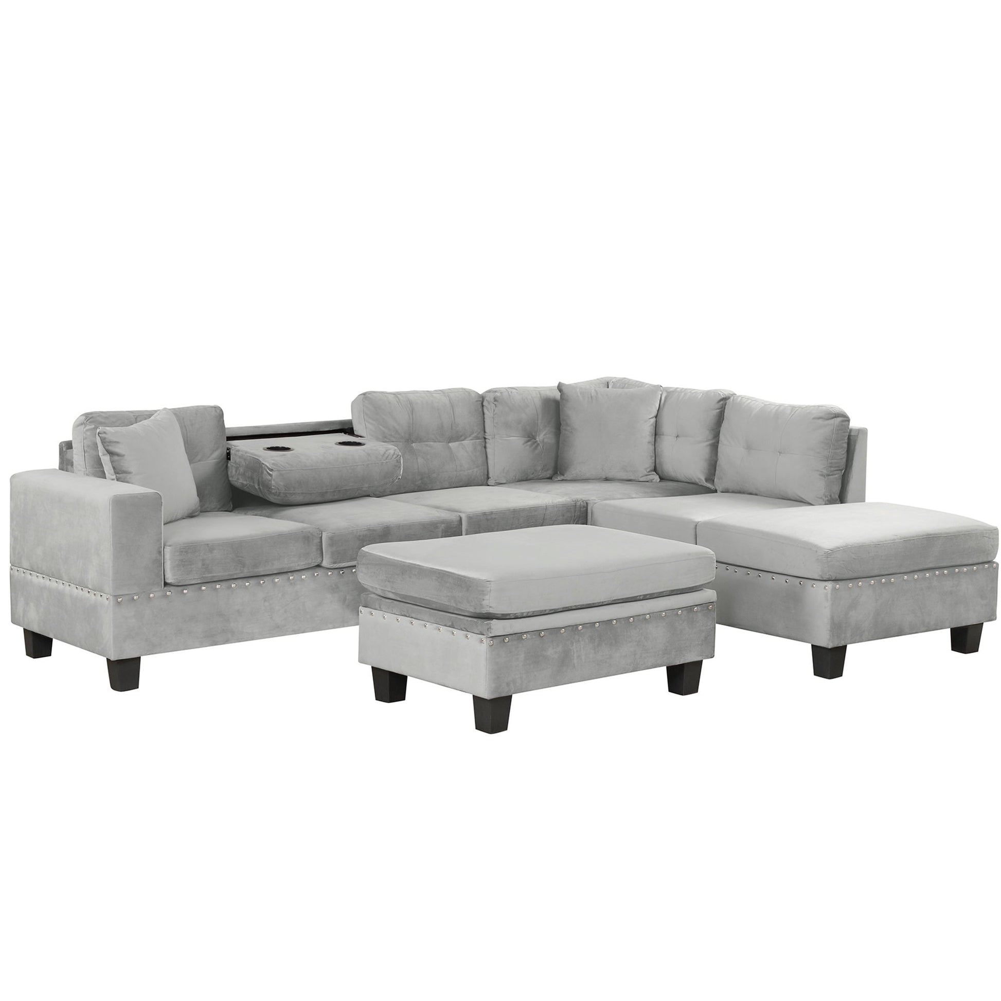 Modern Sectional Sofa With Storage Ottoman, L - Shape Couch With 2 Pillows And Cup Holders - Best Buy Furniture