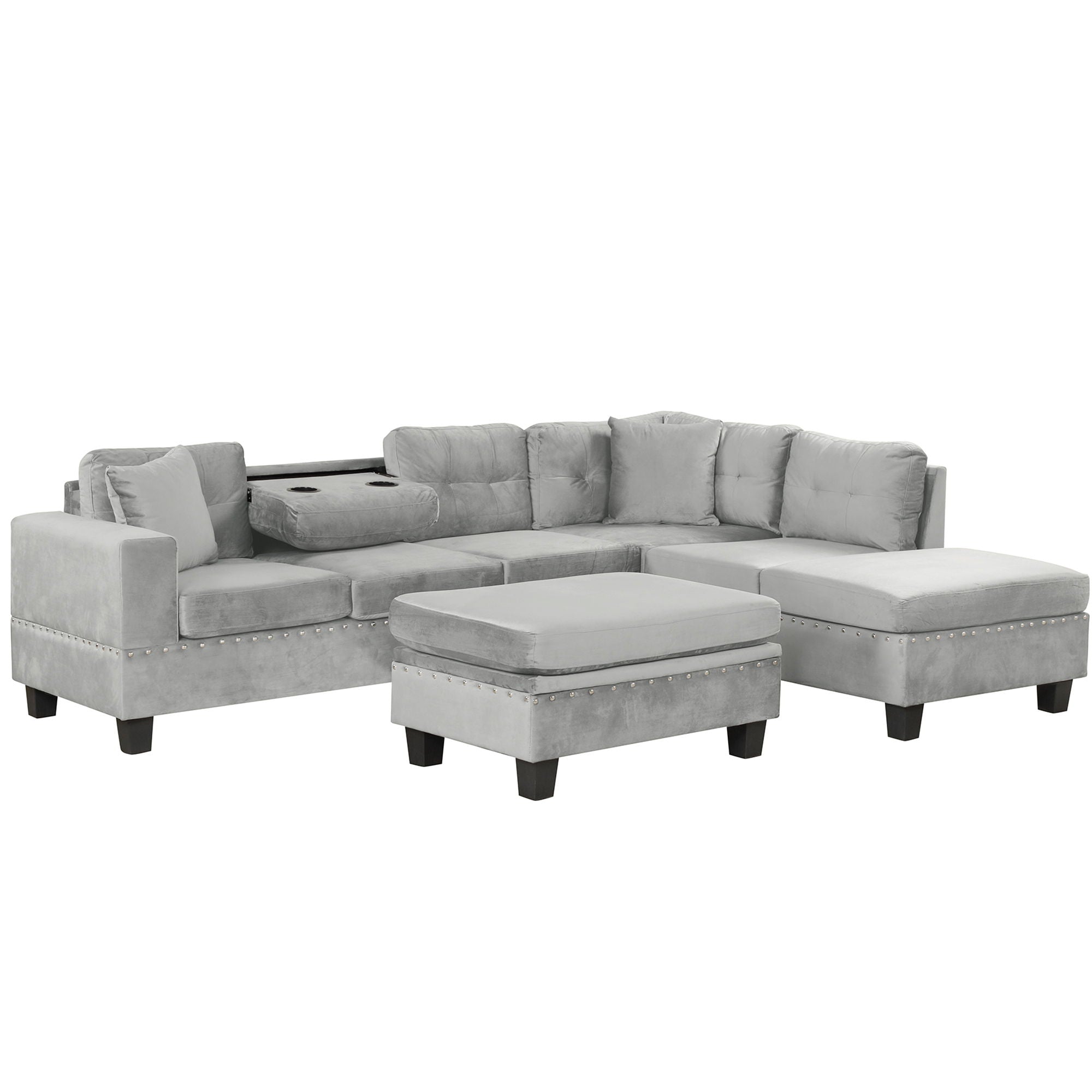 Modern Sectional Sofa With Storage Ottoman, L - Shape Couch With 2 Pillows And Cup Holders - Best Buy Furniture