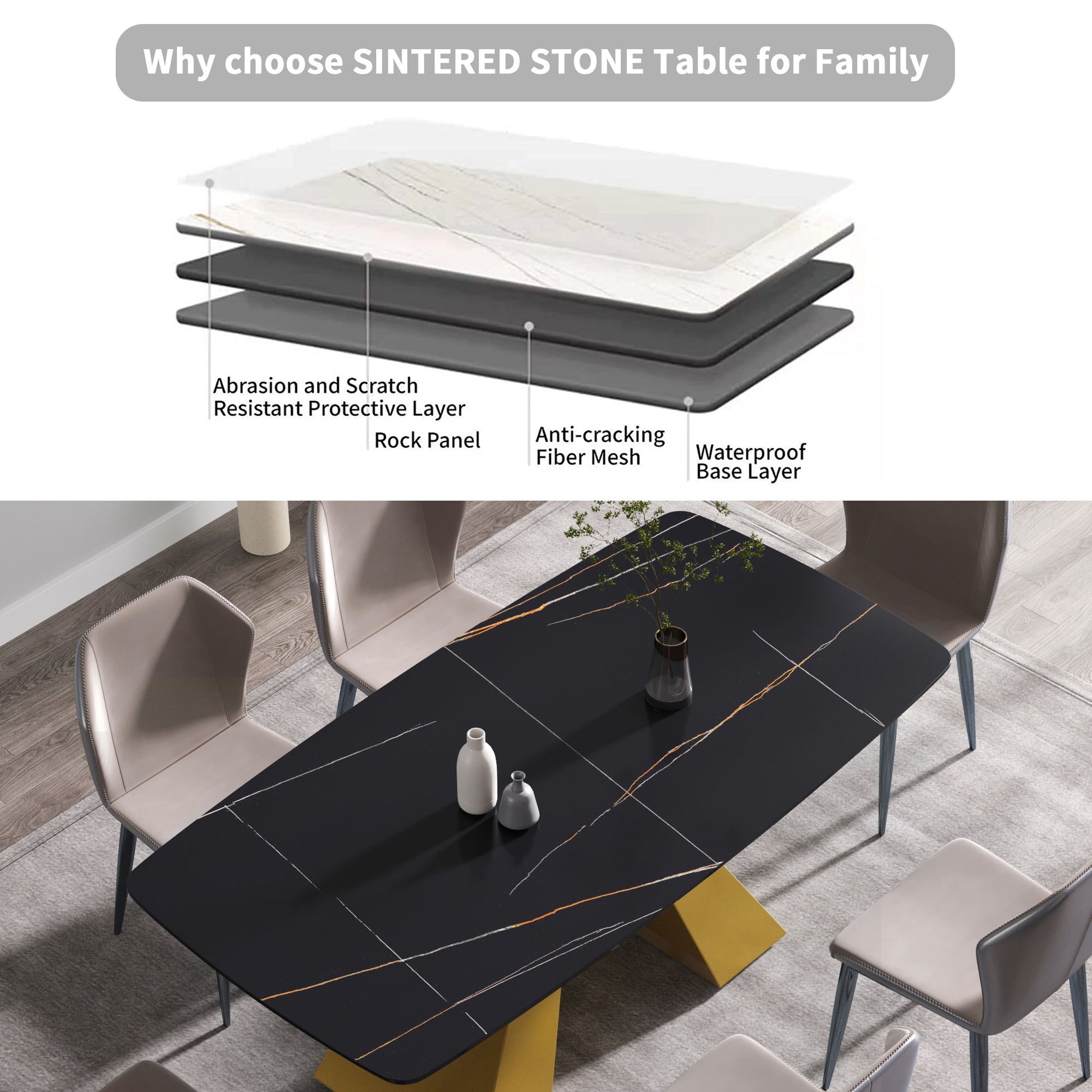 70.87" Modern Artificial Stone Curved Metal Leg Dining Table, Can Accommodate 6-8 People - Black / Gold - Best Buy Furniture