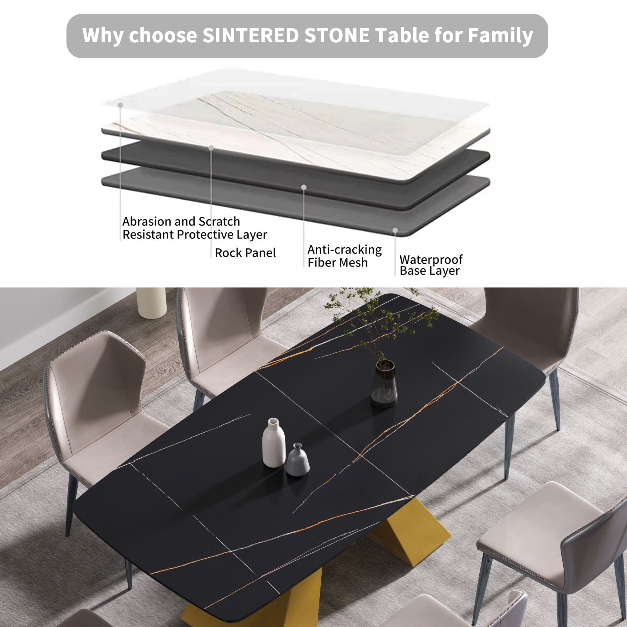 70.87" Modern Artificial Stone Curved Metal Leg Dining Table, Can Accommodate 6-8 People - Black / Gold - Best Buy Furniture