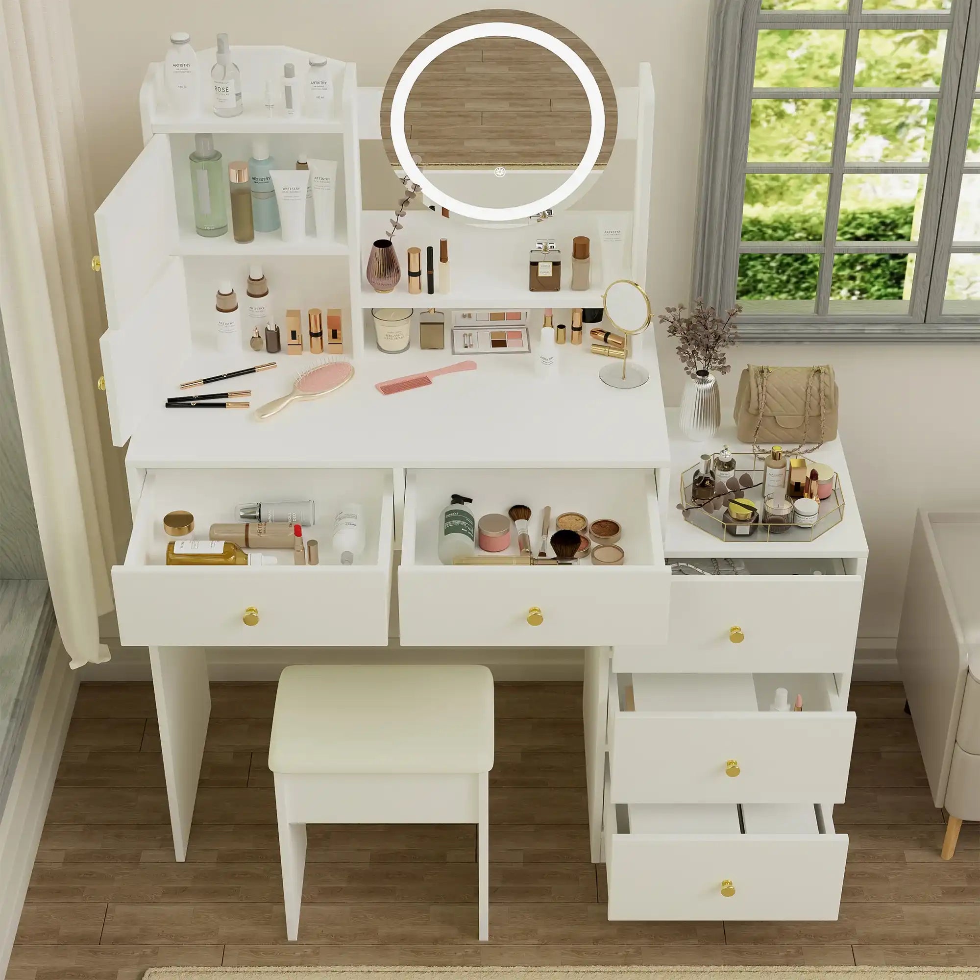 Vanity Desk Set with Mirror and Lights, White - Best Buy Furniture