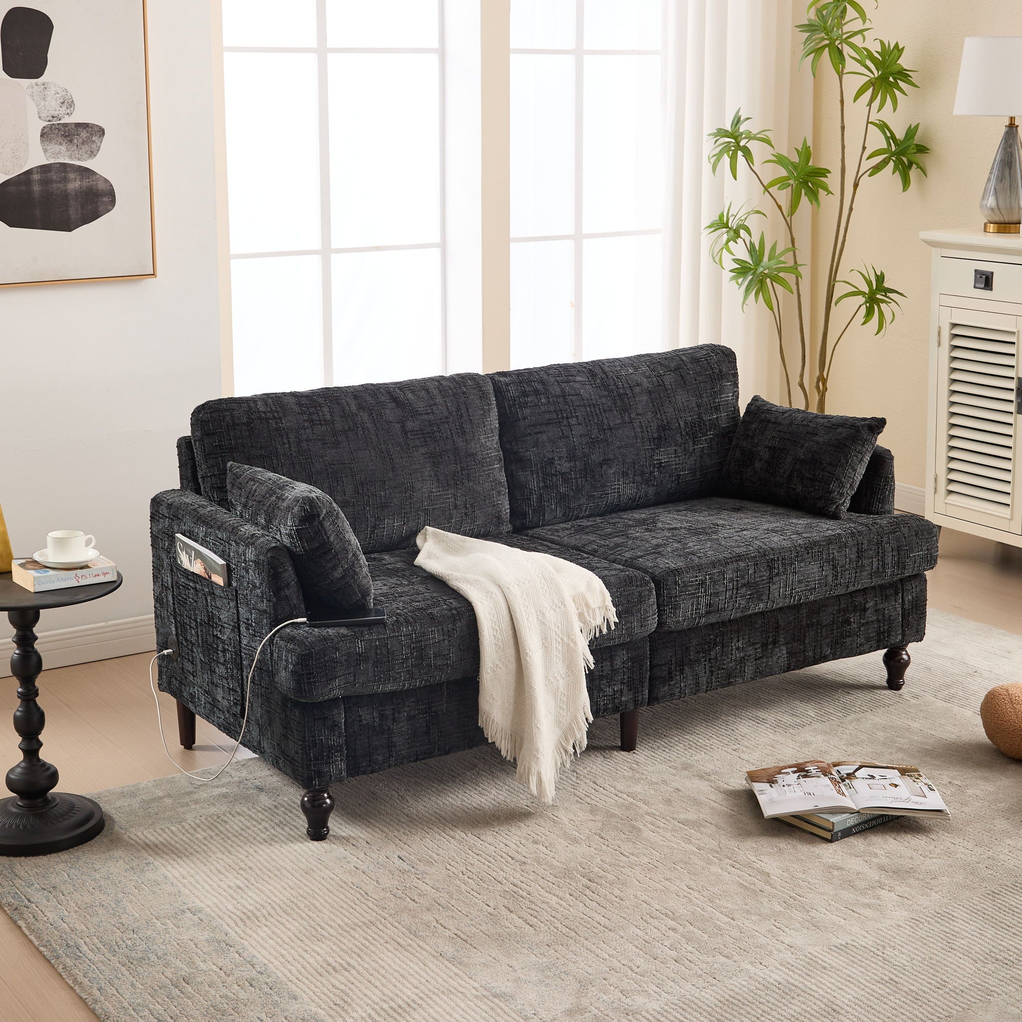 Chenille 2 Seater Sofa With LED Light, USB Charging Port, And Storage Bag - Best Buy Furniture