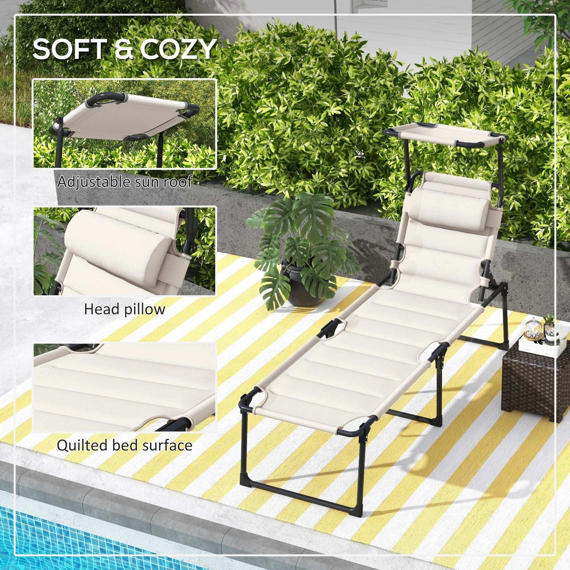 Adjustable Outdoor Lounge Chair, Cream White, with Sunshade & Pillow - Best Buy Furniture