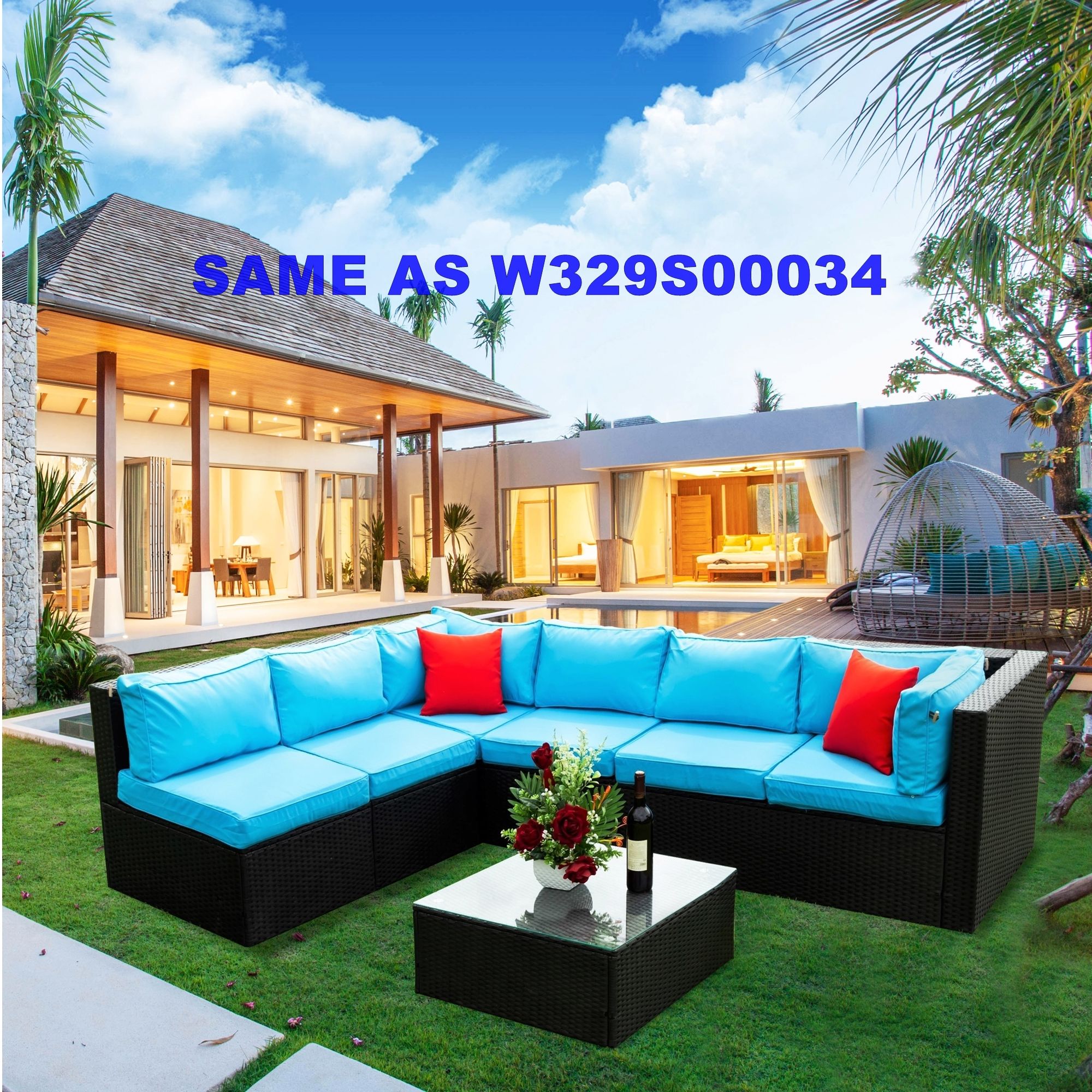 5 Pieces Rattan Sectional Outdoor Furniture Cushioned U Sof Set With 2 Pillow - Black / Blue - Best Buy Furniture