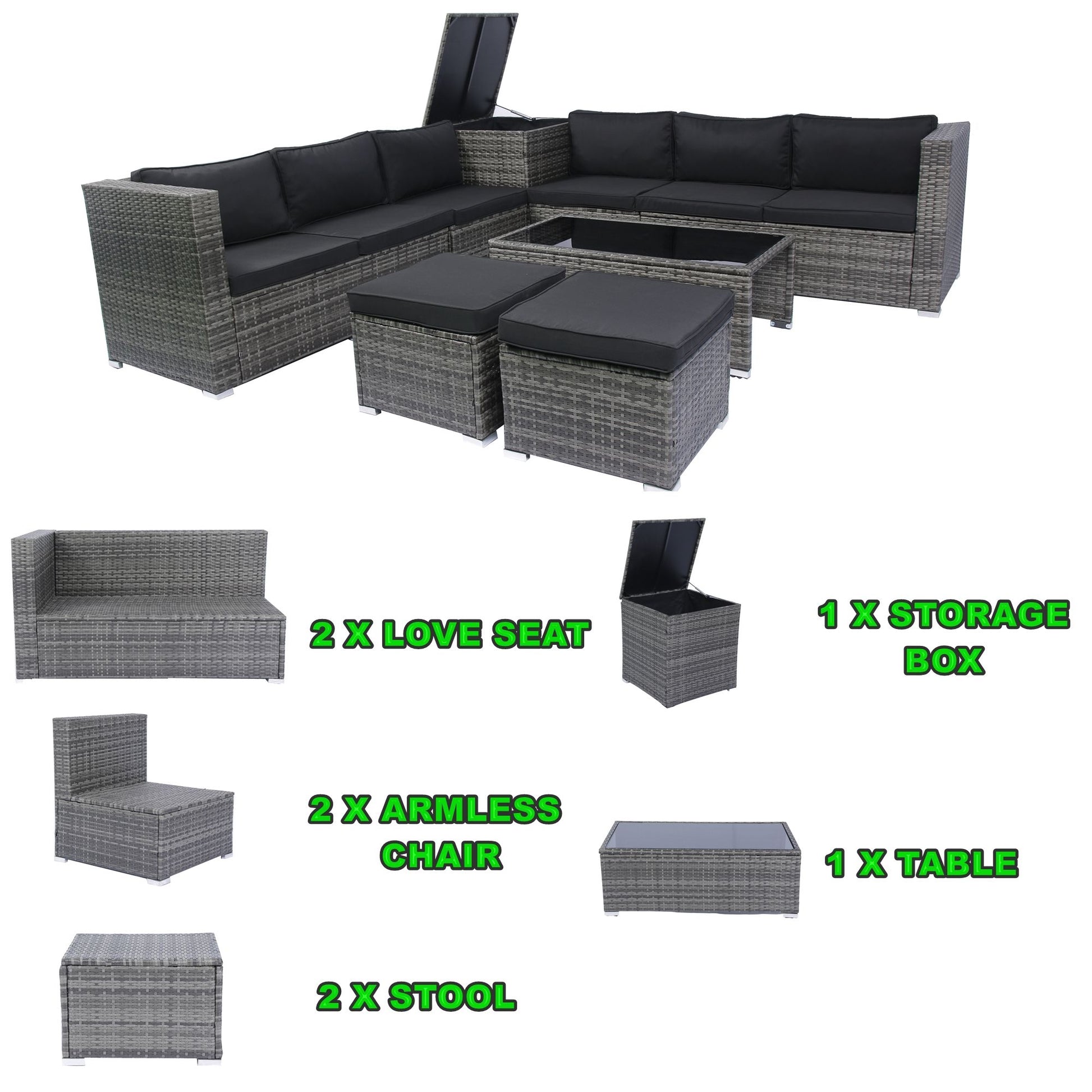 8 Piece Patio Sectional Wicker Rattan Outdoor Furniture Sof Set With One Storage Box Under Seat And Cushion Box - Gray / Black - Best Buy Furniture