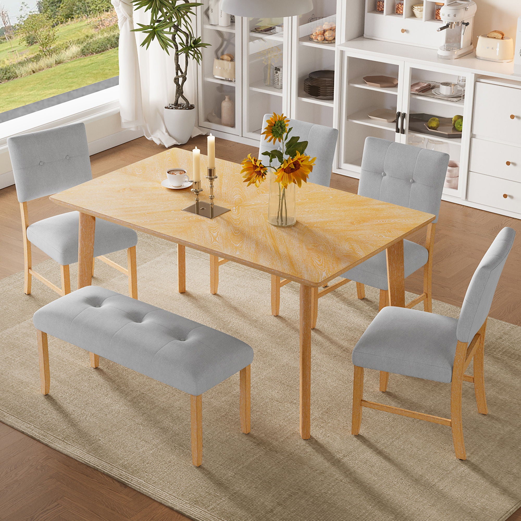 Rustic Farmhouse Dining Room Rectangular Table With 4 Upholstered Chairs And Bench - Best Buy Furniture