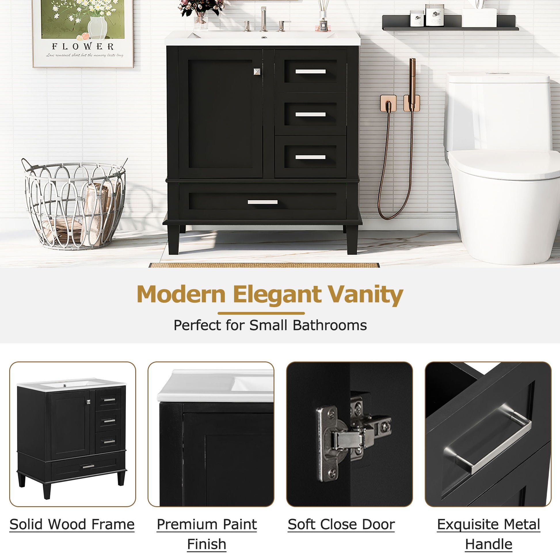 Bathroom Vanity, Modern Bathroom Cabinet With Sink Combo Set, Bathroom Storage Cabinet With A Soft Closing Door And 3 Drawers, Solid Wood Frame - Best Buy Furniture