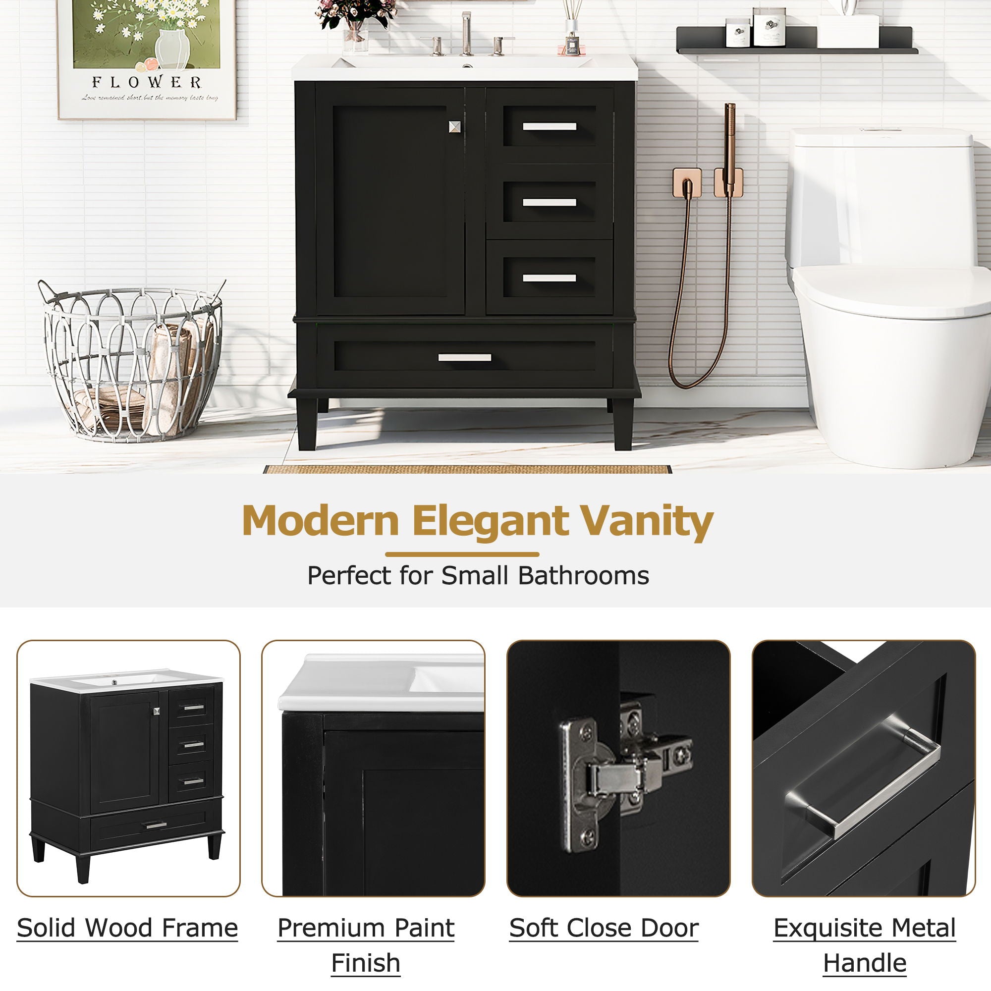Bathroom Vanity, Modern Bathroom Cabinet With Sink Combo Set, Bathroom Storage Cabinet With A Soft Closing Door And 3 Drawers, Solid Wood Frame - Best Buy Furniture