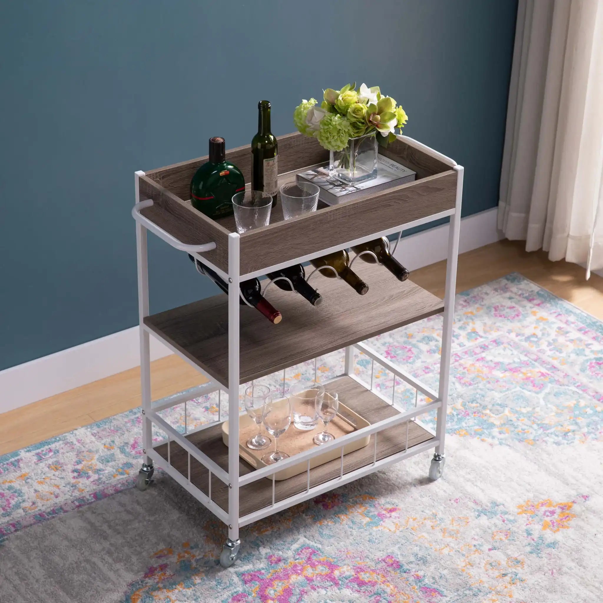 Rolling Kitchen Cart With Storage And Four Wine Bottle Rack - Best Buy Furniture