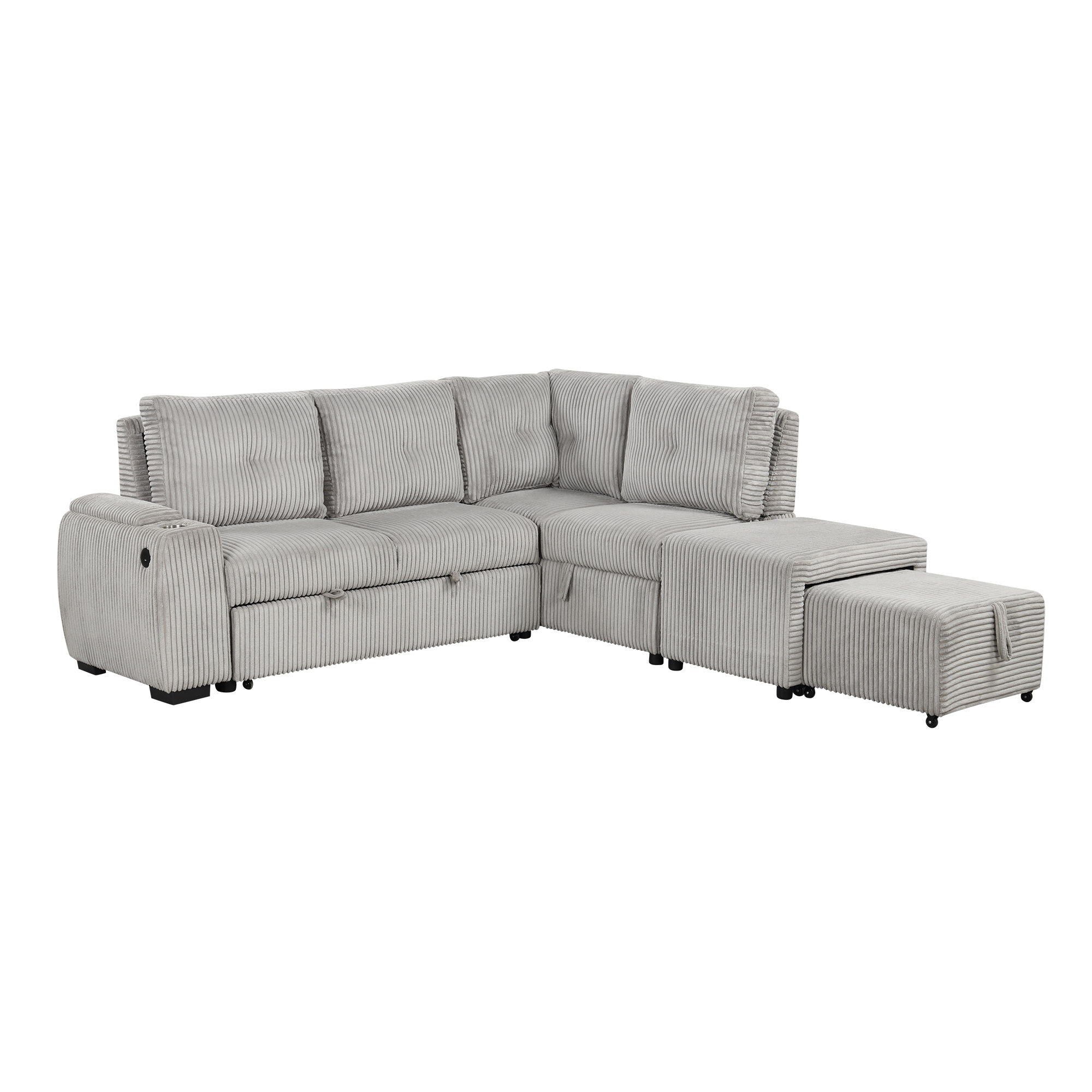 Pull-Out L-Shaped Sectional Sofa With Movable Ottoman And Stool, Large Storage Space, A Cup Holder, And 2 USB Ports For Living Room - Best Buy Furniture
