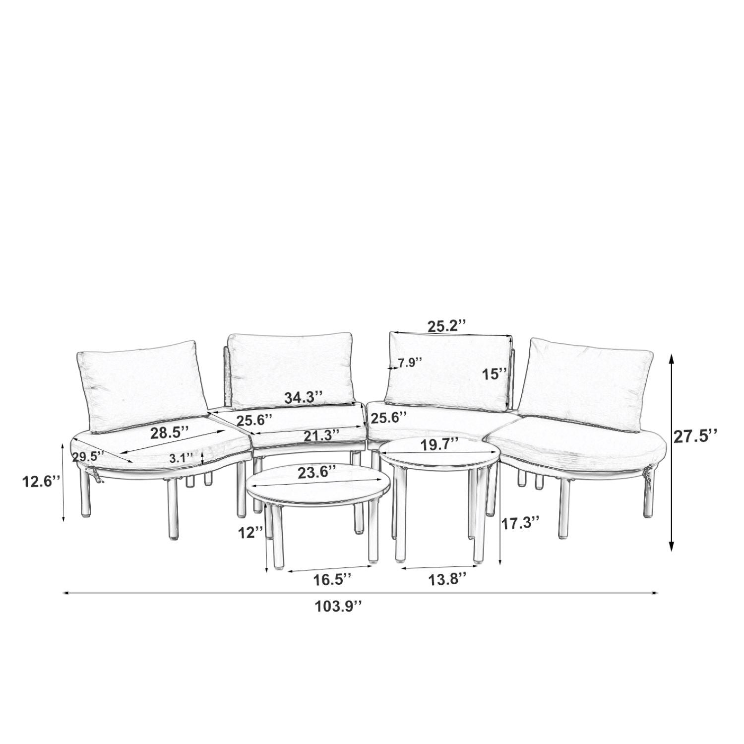 6 Piece Patio Set, Half Moon Outdoor Sectional Sofa With 2 High Low Coffee Tables, 4 Pillows & Cushions - Best Buy Furniture