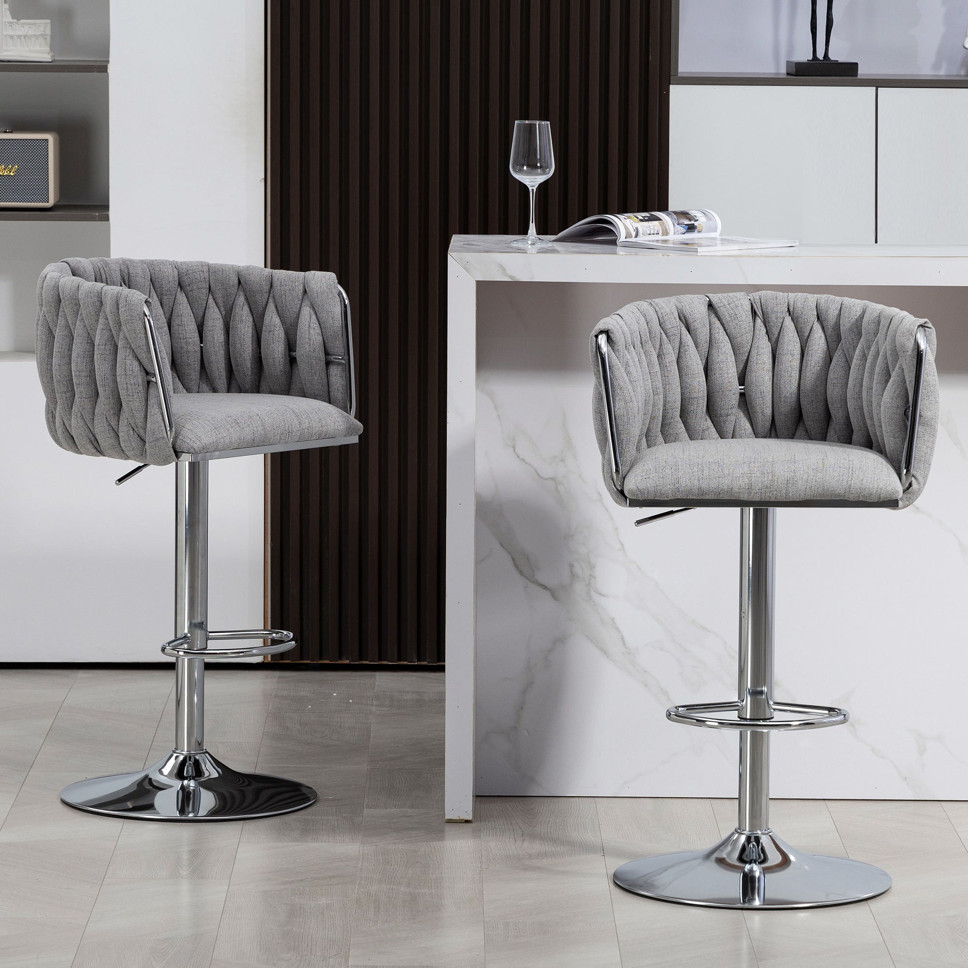 360 Degree Swivel Bar Stools Adjustable Counter Height Bar Chairs With Woven Back & Footrest, Silver Chromed Bar Stools For Kitchen Island (Set of 2) - Gray - Best Buy Furniture