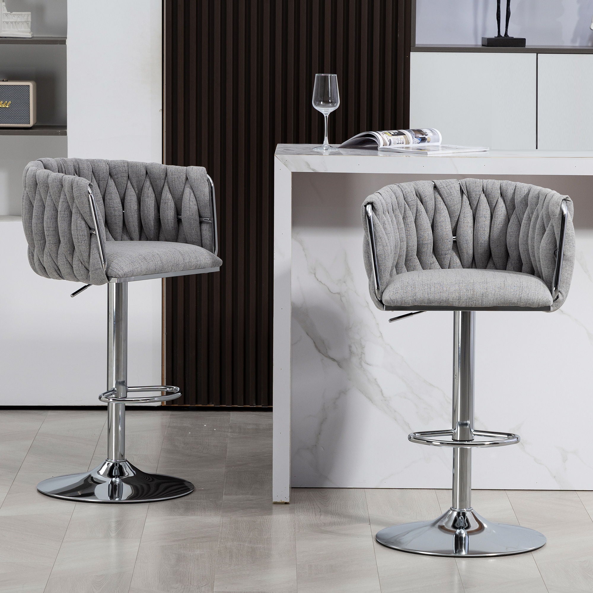 360 Degree Swivel Bar Stools Adjustable Counter Height Bar Chairs With Woven Back & Footrest, Silver Chromed Bar Stools For Kitchen Island (Set of 2) - Gray - Best Buy Furniture