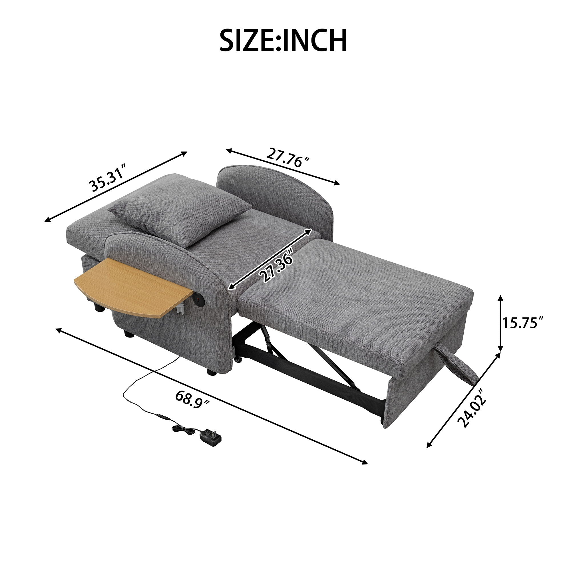 Convertible Single Chair Bed 3 In 1 Sofa With Computer Board And USB Ports - Gray - Best Buy Furniture