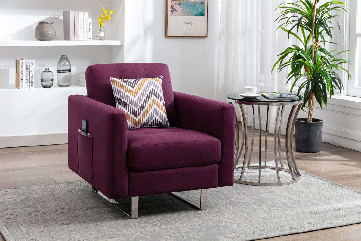 Victoria - Linen Fabric Armchair With Metal Legs, Side Pockets, And Pillow - Best Buy Furniture