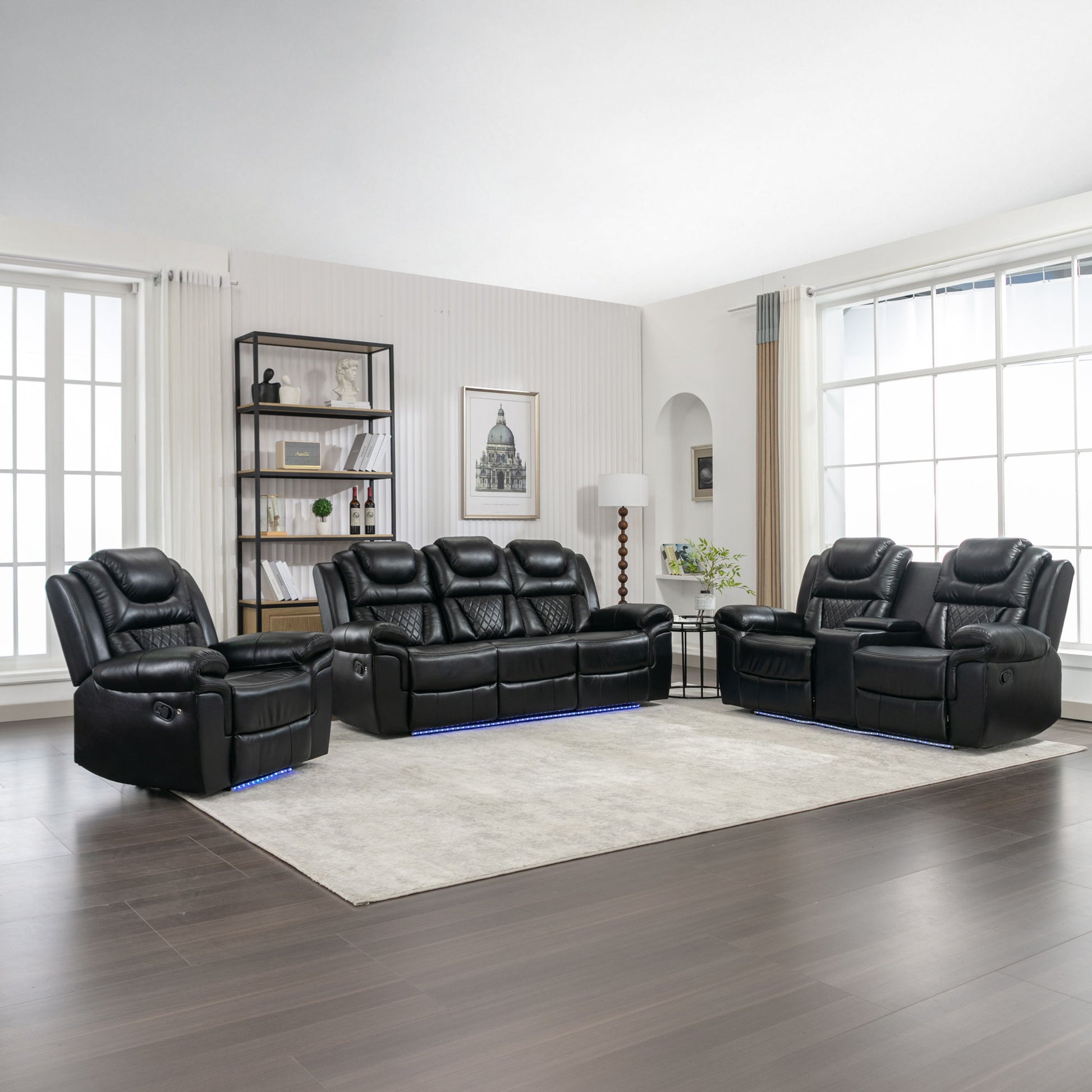 3 Pieces Recliner Sofa Sets Home Theater Seating Manual Recliner Chair With Center Console And LED Light Strip For Living Room - Best Buy Furniture