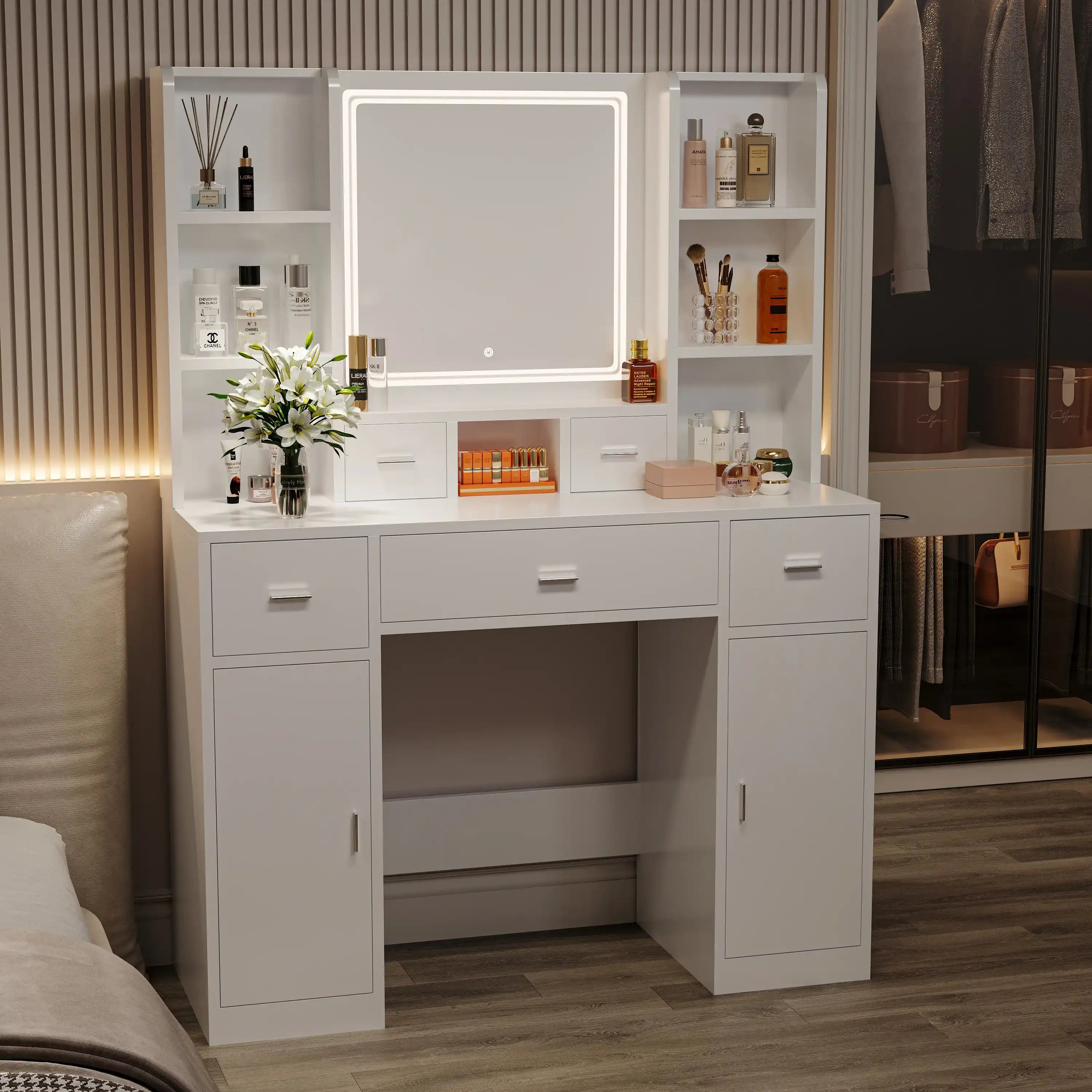 Jolie White Modern Makeup Vanity With LED Mirror - Best Buy Furniture