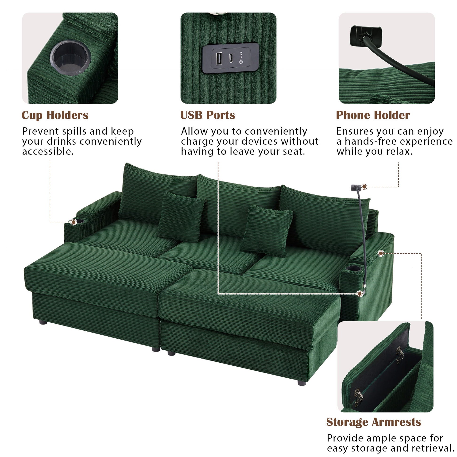 Modern Style Loveseat Sofa Sectional Sofa Couch With Storage Space, A Movable Ottoman, Two USB Ports, Two Cup Holders, A Phone Holder For Living Room - Best Buy Furniture