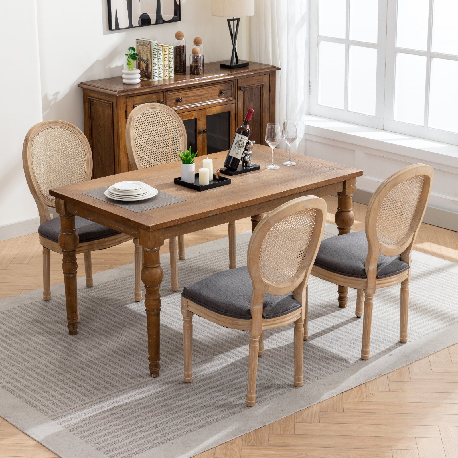 French Style Solid Wood Frame Antique Painting Linen Fabric Rattan Back Dining Chair (Set of 2) - Best Buy Furniture