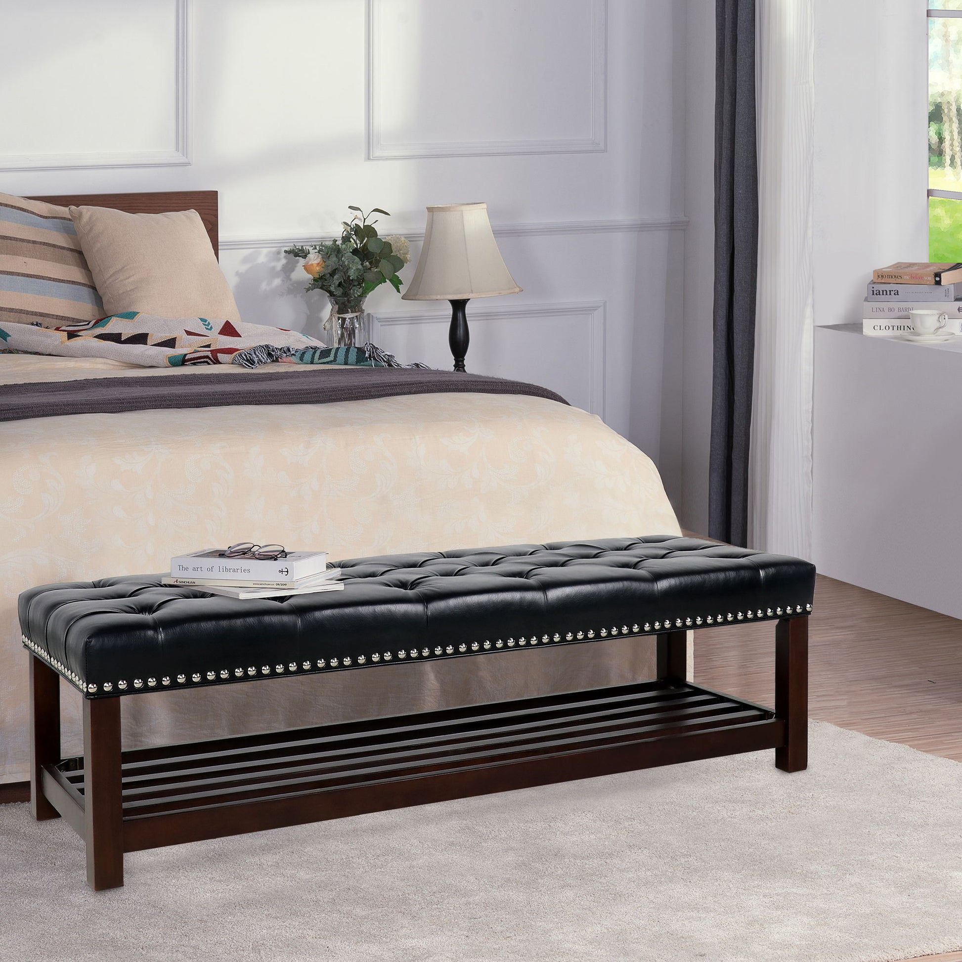 Bedroom End Of Bed Bench Tufted Upholstered End Of Bed Bench End Of Bed Entrance Shoe Bench With Nailhead Trim And Shelf Bedroom Upholstered Leather Bench Living Room Shoe Rack Footstool - Best Buy Furniture
