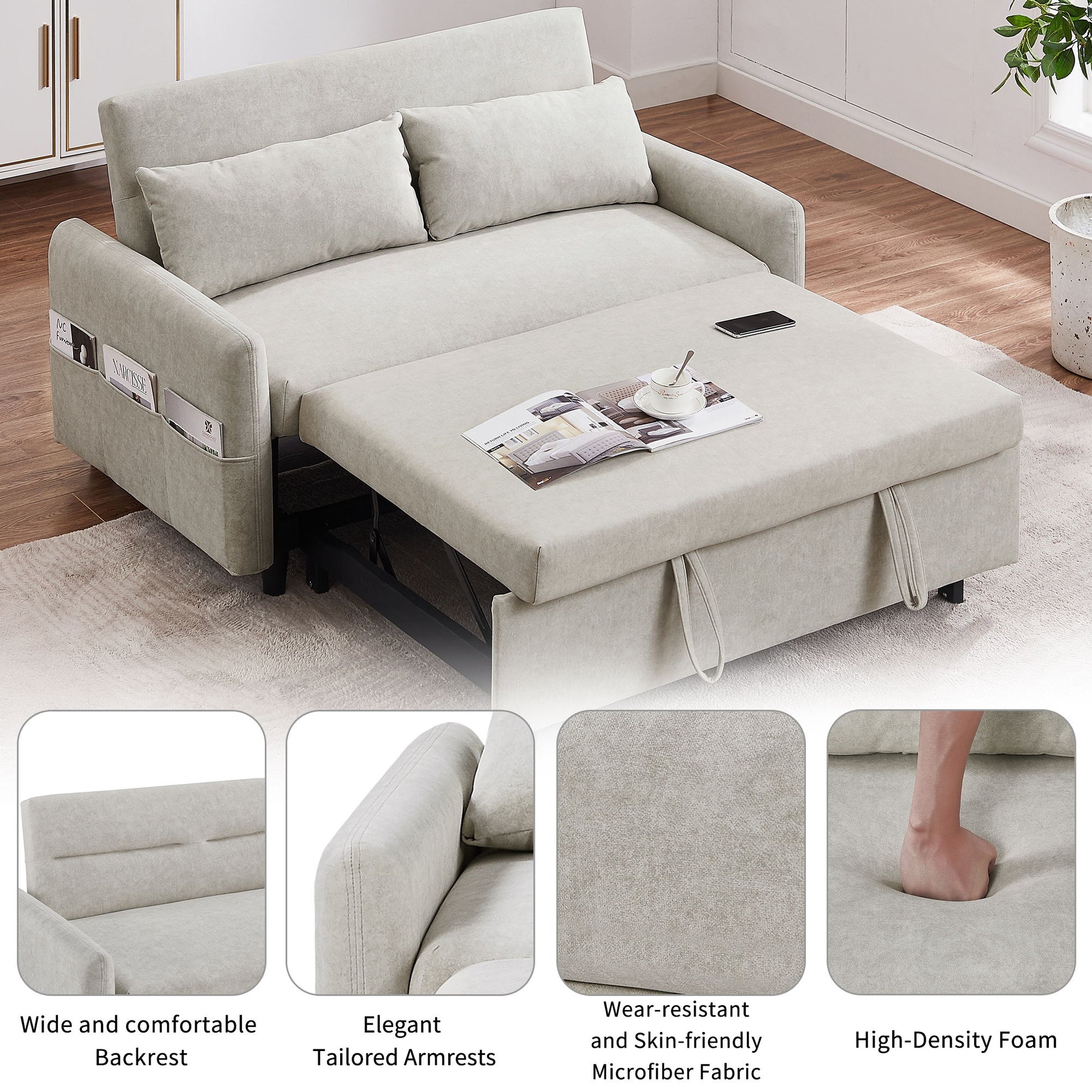 Pull Out Sleep Sofa Bed Loveseats Sofa Couch With Adjsutable Backrest, Storage Pockets, 2 Soft Pillows, USB Ports For Living Room, Bedroom, Apartment, Office - Best Buy Furniture