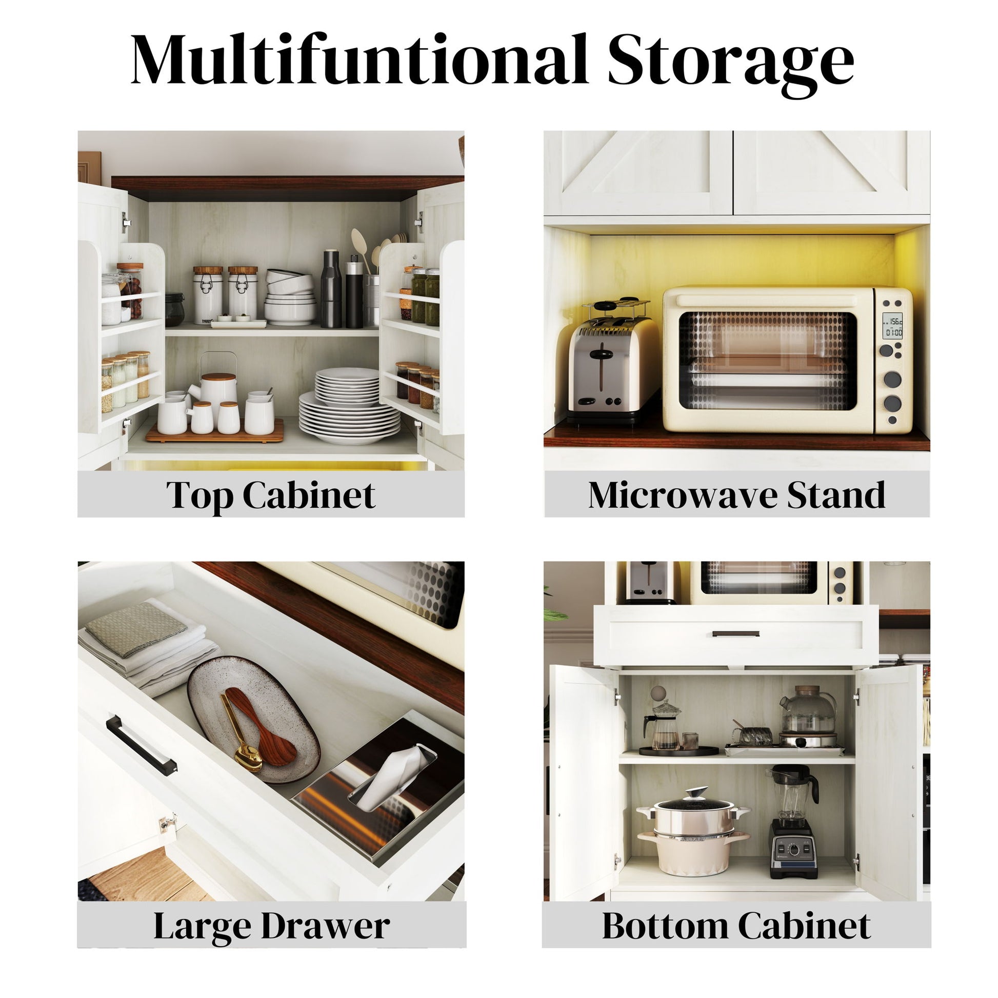 Farmhouse Kitchen Pantry Sideboard With Cabinet And Drawer, Multi Functional Kitchen Buffet With Hutch And Glass Holder, Microwave Stand With Charging Station - Brown / Antique White - Best Buy Furniture