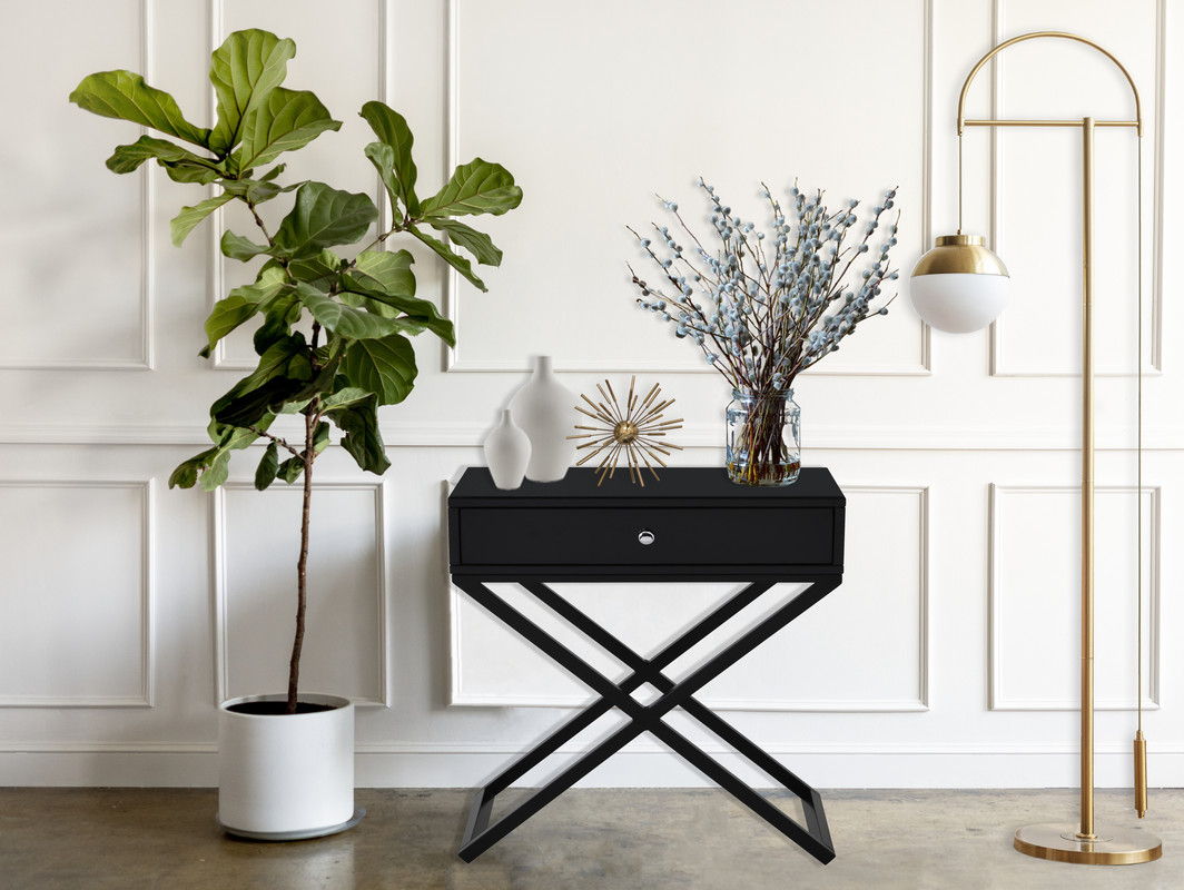 Koda - Wooden End Side Table Nightstand With Glass Top, Drawer And Metal Cross Base - Best Buy Furniture