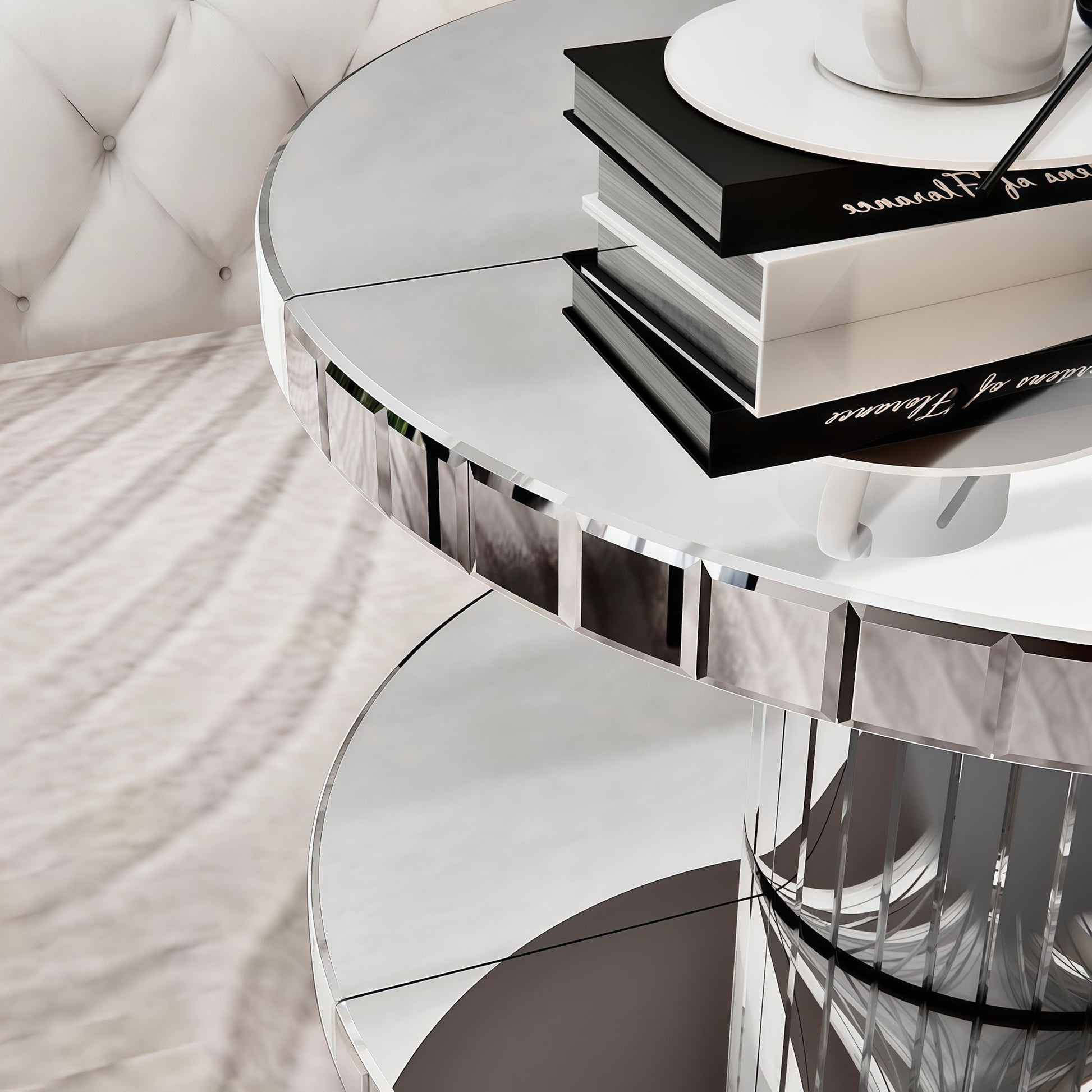 Luxury Double Tier Round Mirror Coffee & End Table With Fluted Glass Modern Sofa Side Table - Silver / Glass - Best Buy Furniture