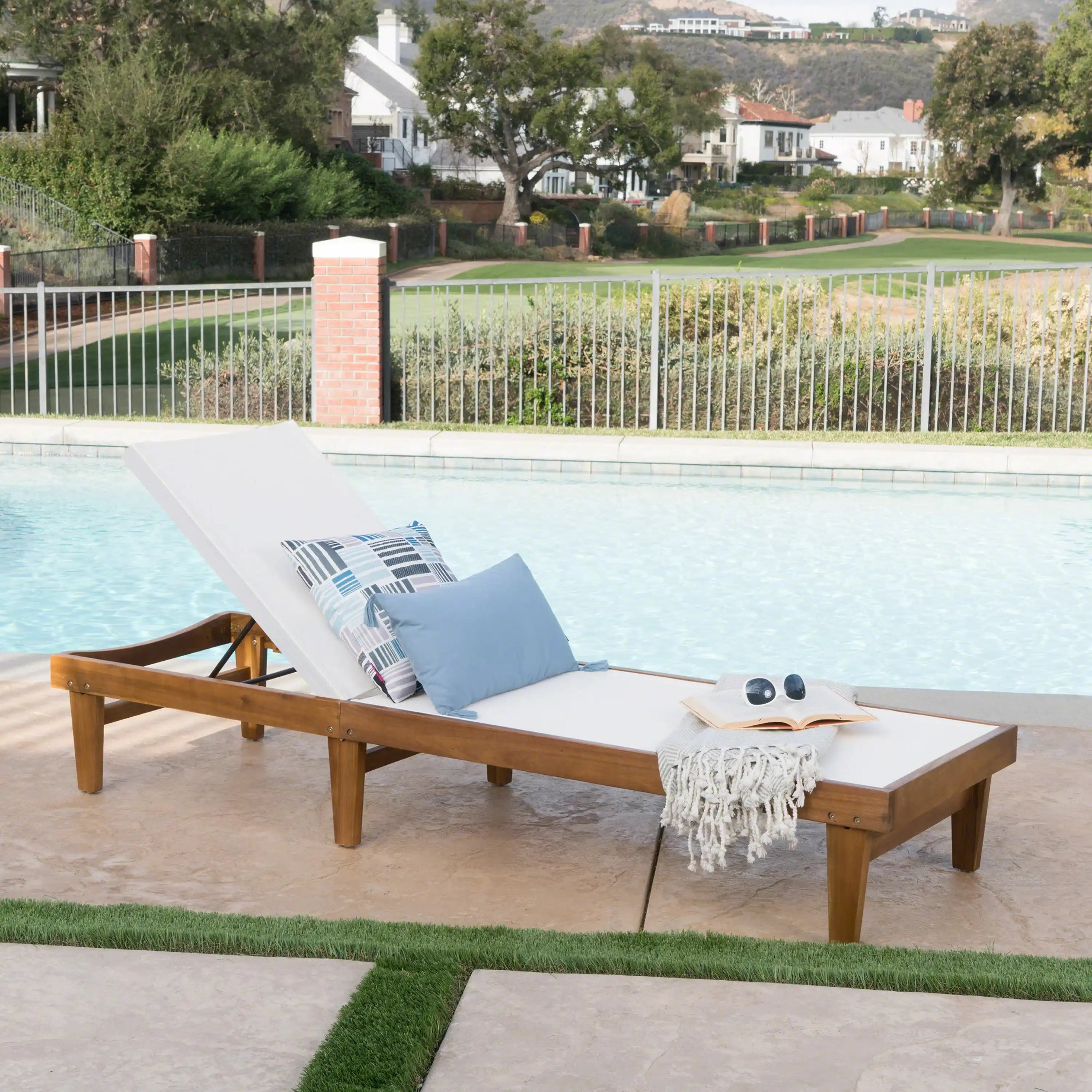Outdoor Chaise Lounge with Acacia Wood Frame, White and Teak - Best Buy Furniture