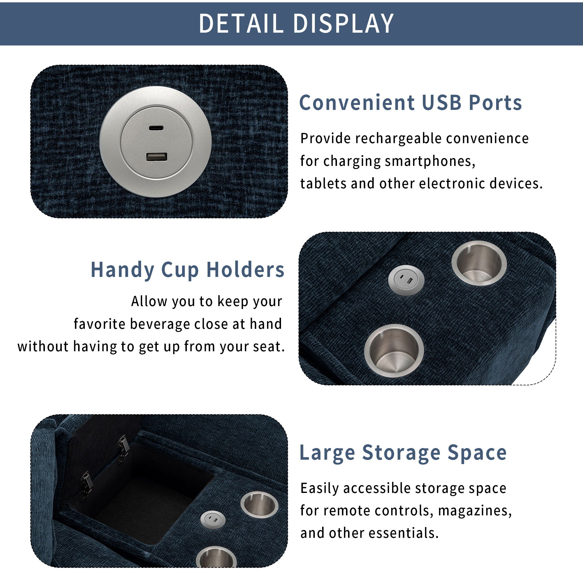 Sectional Sofa Chenille Upholstered Sofa With Two Removable Ottoman, Two USB Ports, Two Cup Holders And Large Storage Box For Living Room - Best Buy Furniture