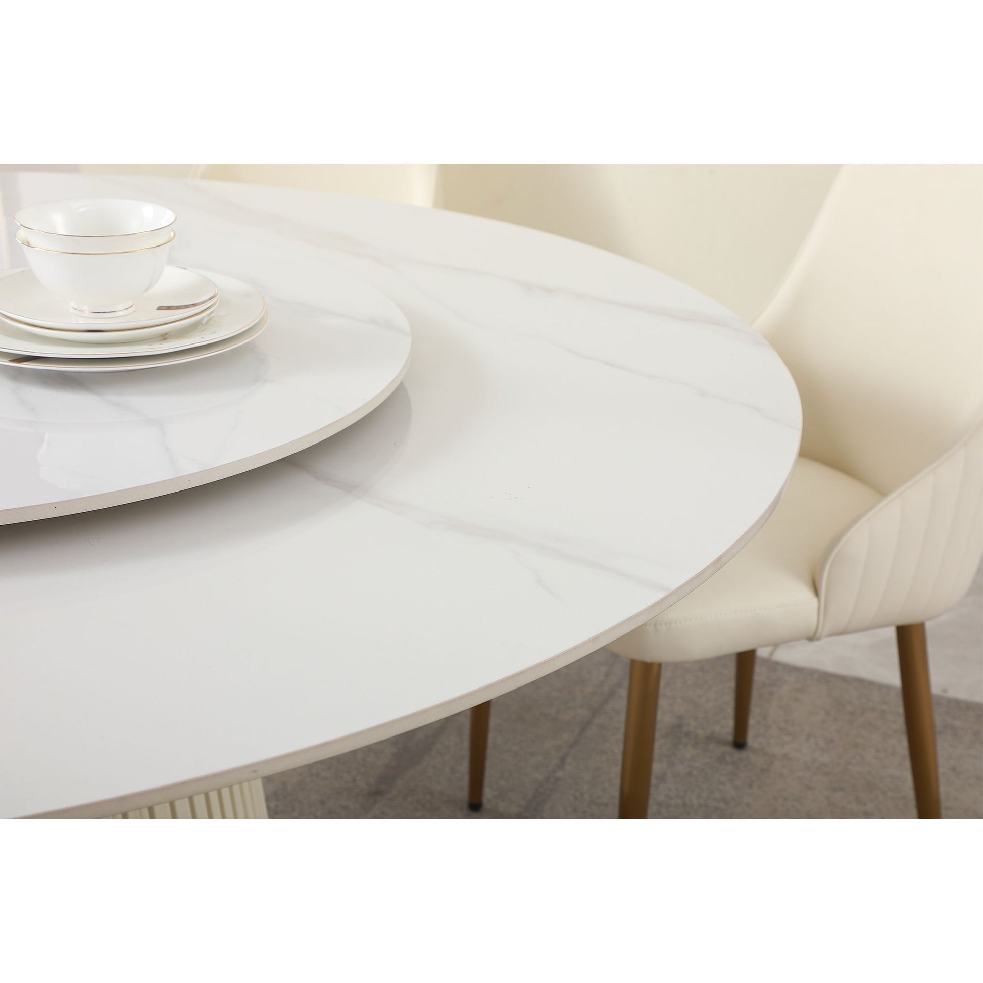 Modern Sintered Stone Dining Table With Round Turntable, Wood And Metal Pedestal, 8 Chairs - White - Best Buy Furniture