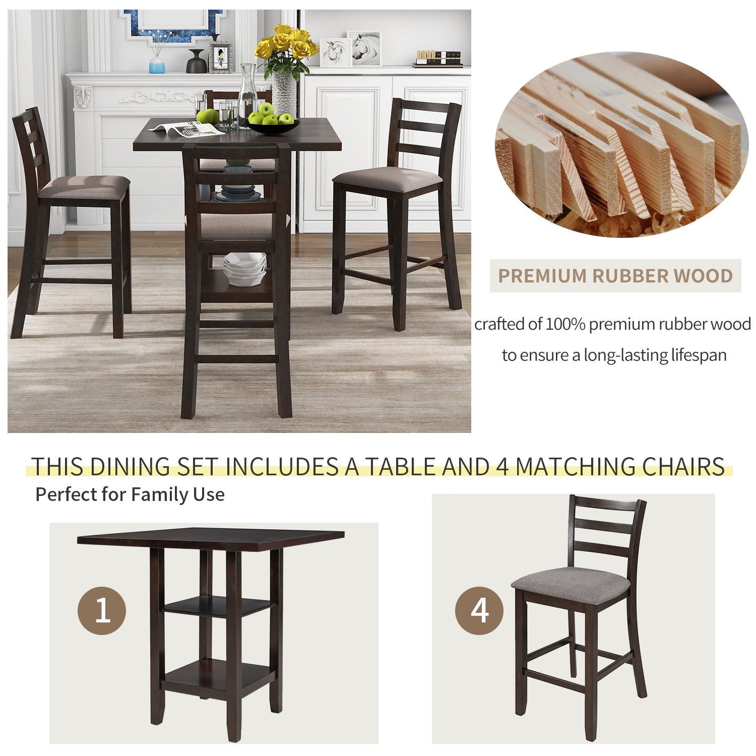 5 Piece Wooden Counter Height Dining Set With Padded Chairs, Storage Shelving - Best Buy Furniture