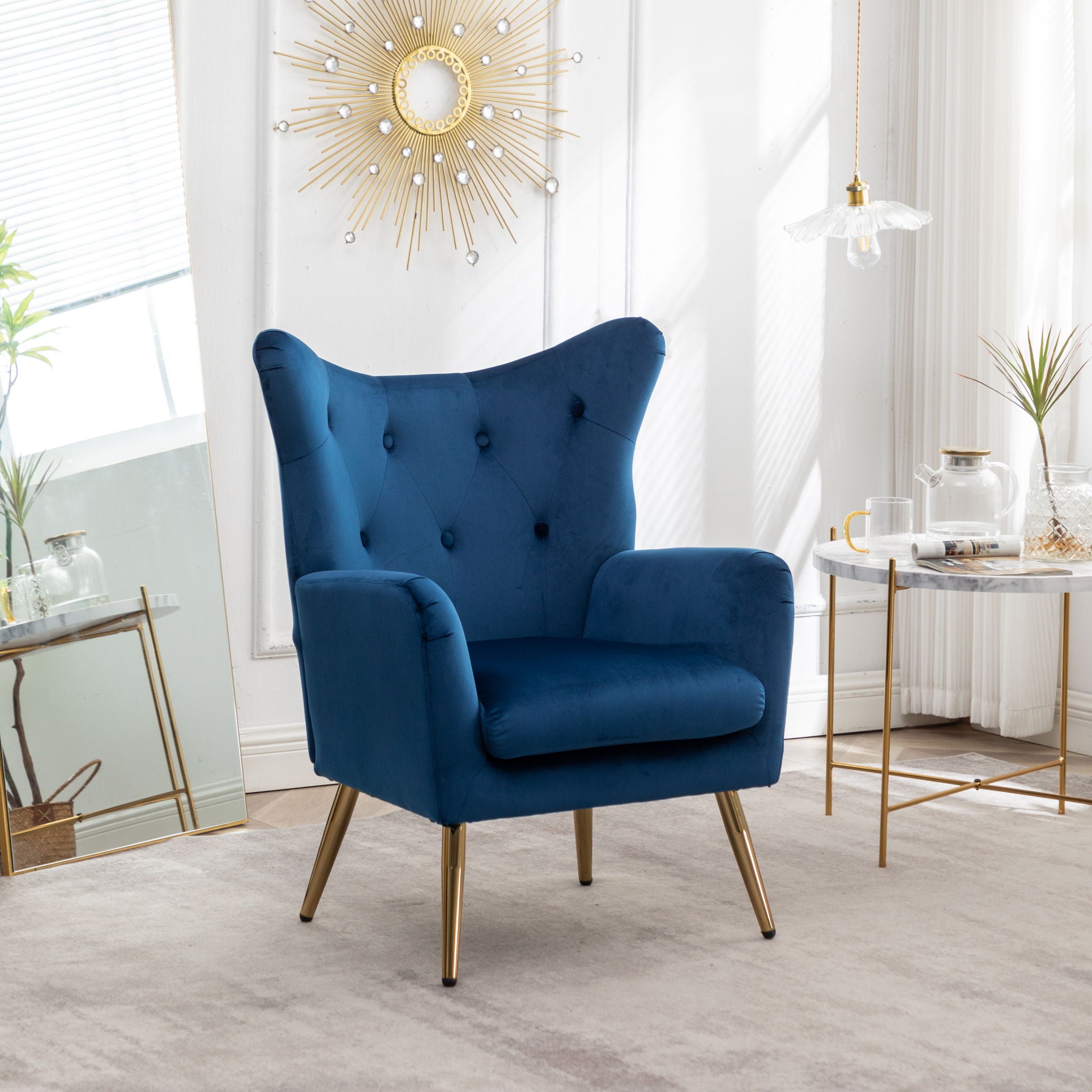 Sovarol - Velvet Button-Tufted Wing Back Accent Chair - Blue - Best Buy Furniture