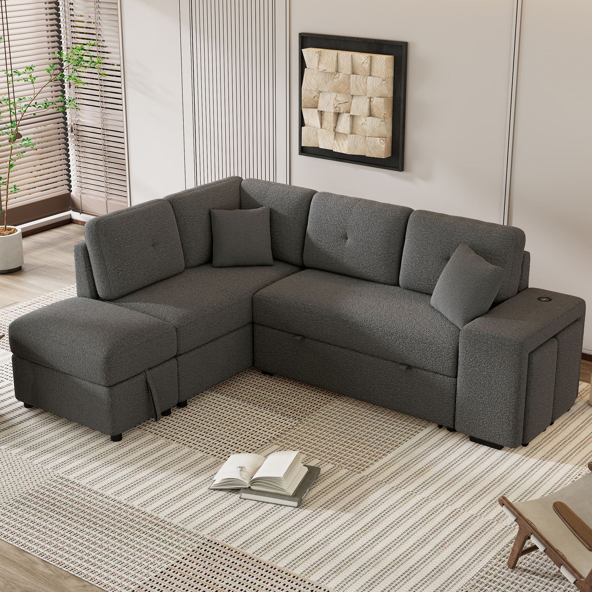 Convertible Sleeper, Sectional Pull Out Sofa Bed With Storage Ottoman, 2 Throw Pillows, 2 Stools, Wireless Charger And Two Hidden USB Ports For Living Room - Best Buy Furniture