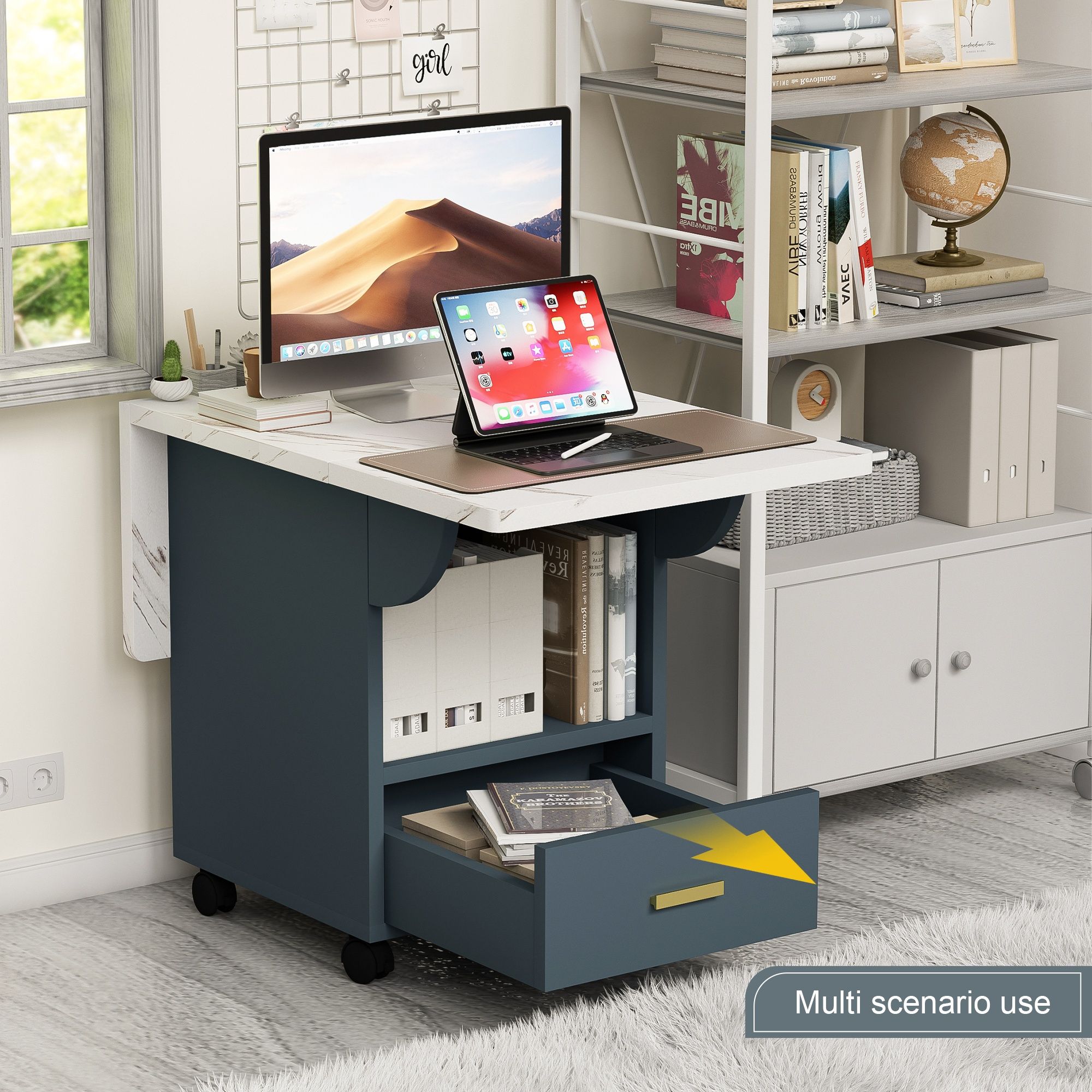 Versatile Wood Folding Dining Table With Wheels, Storage Rack & Drawer, Space Saving Design - White - Best Buy Furniture