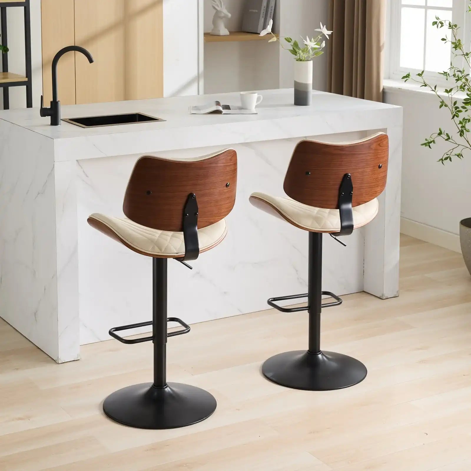 Mid Century Modern Walnut Bar Stool, Adjustable Black Leather Swivel Chair, Beige - Best Buy Furniture