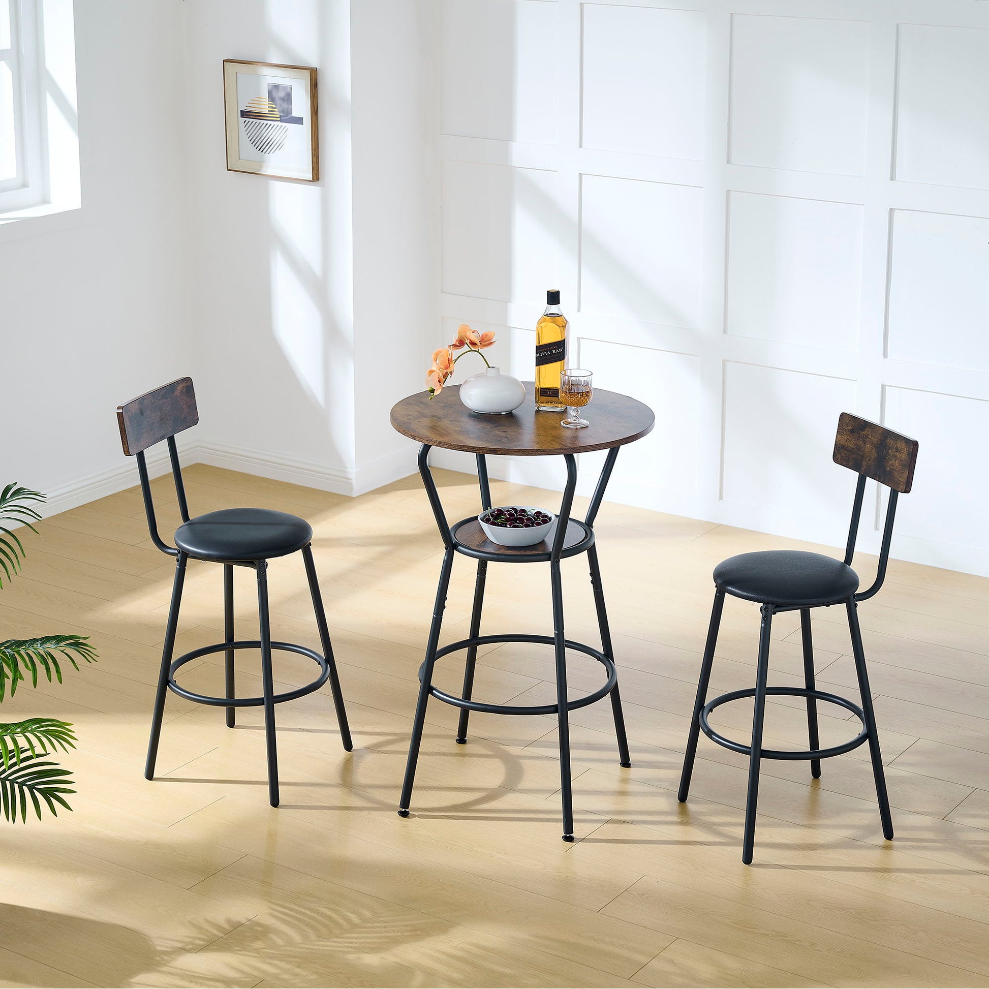 Rustic Brown Round Bar Table And Stool Set With Shelf, Upholstered Stool With Backrest - Antique Brown - Best Buy Furniture