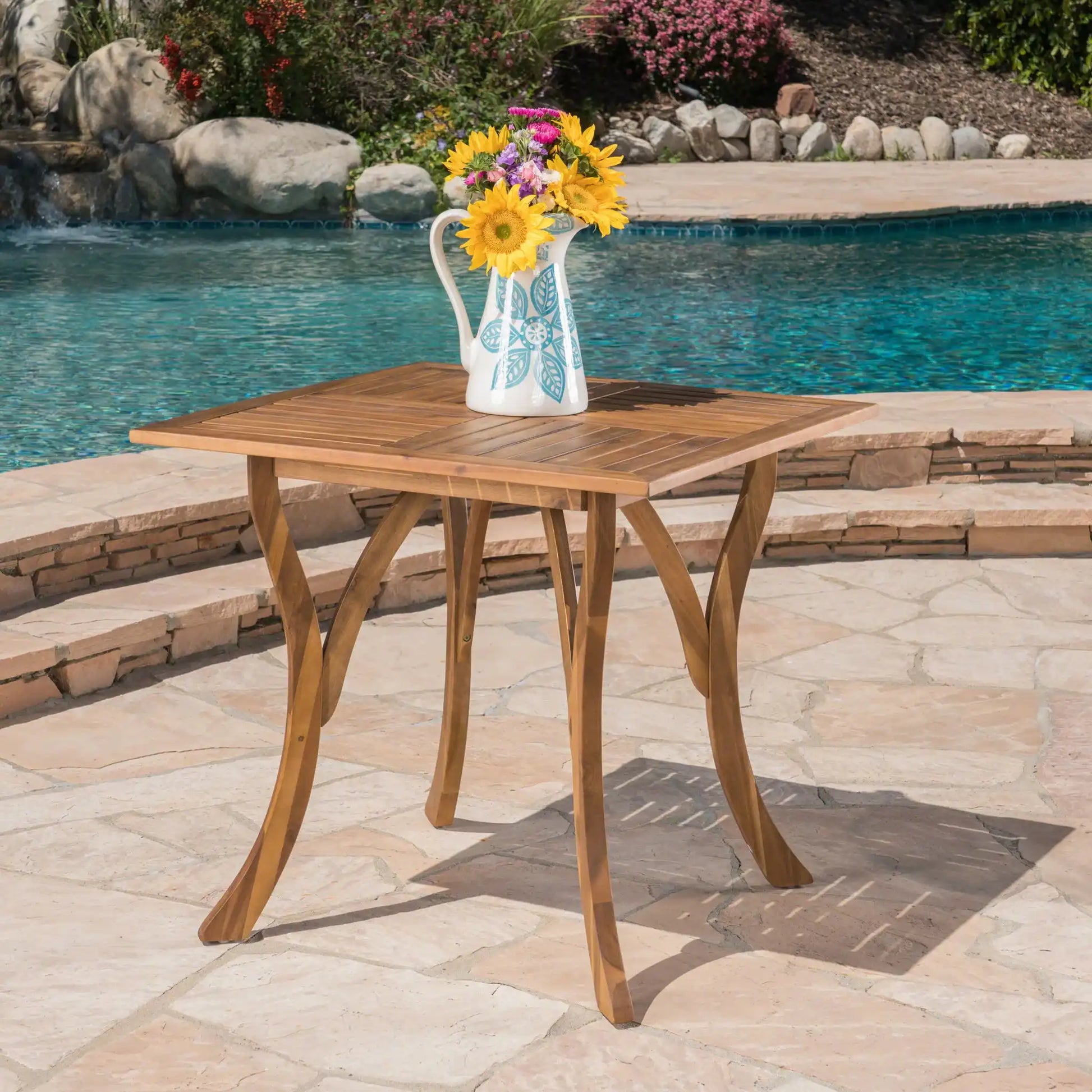 Outdoor Rectangular Table With Curved Legs And Perpendicular Wooden Slats Table Top - Best Buy Furniture