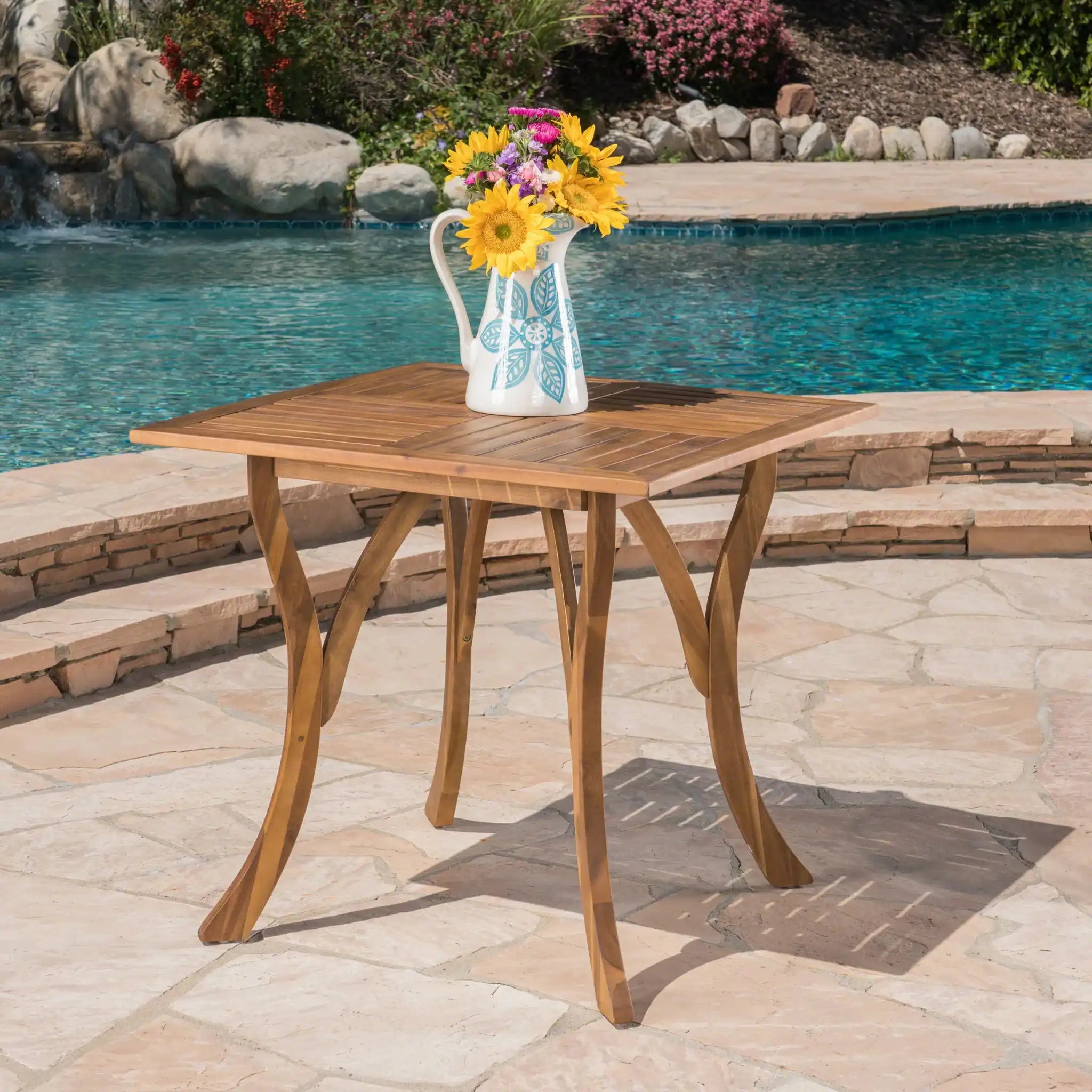 Outdoor Rectangular Table With Curved Legs And Perpendicular Wooden Slats Table Top - Best Buy Furniture