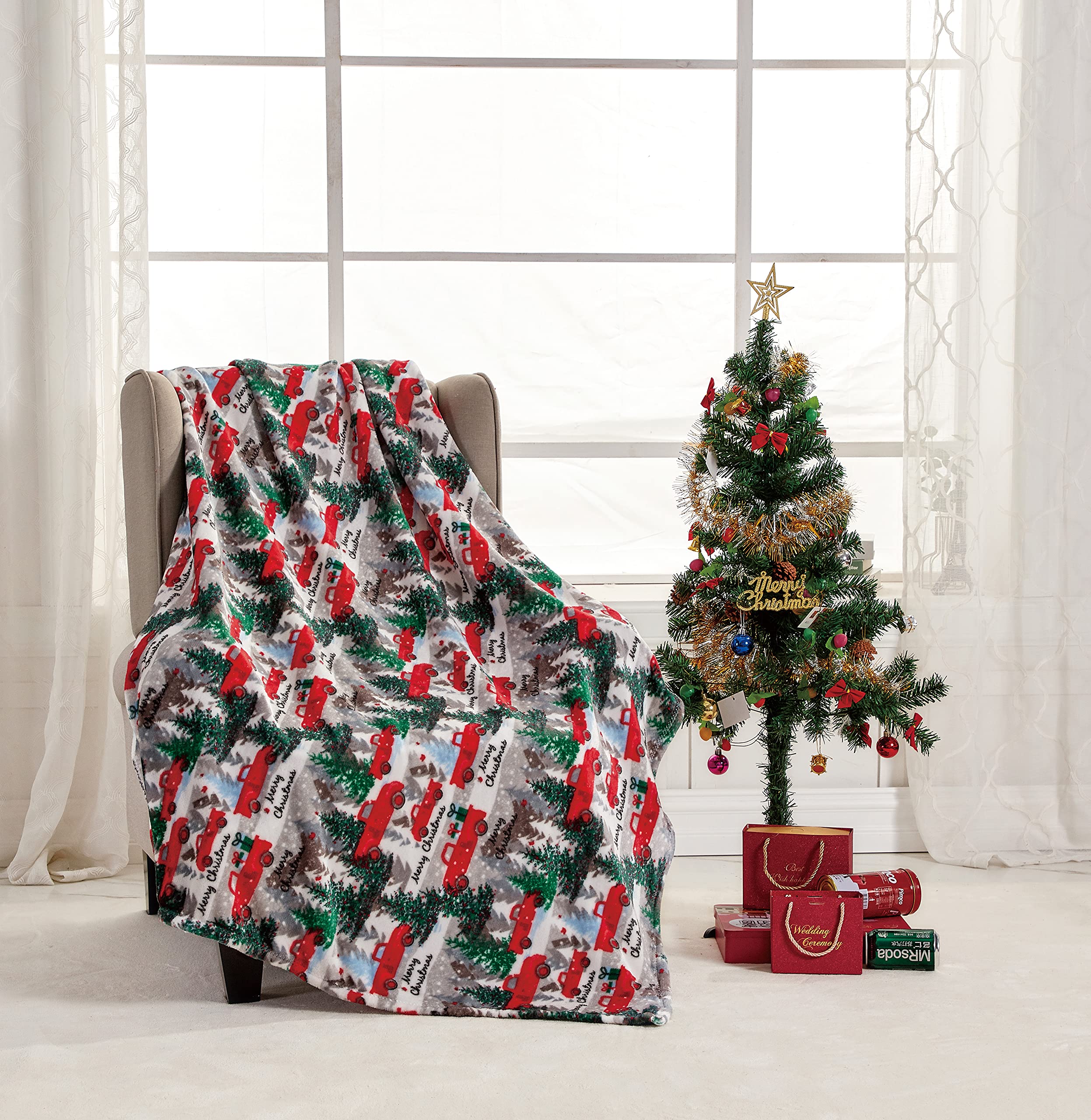 Decor&More Festive Holiday Microplush Throw Blanket (50" x 60") - Christmas Pickup Truck Blanket - Cozy Red Truck Christmas Blanket - Best Buy Furniture