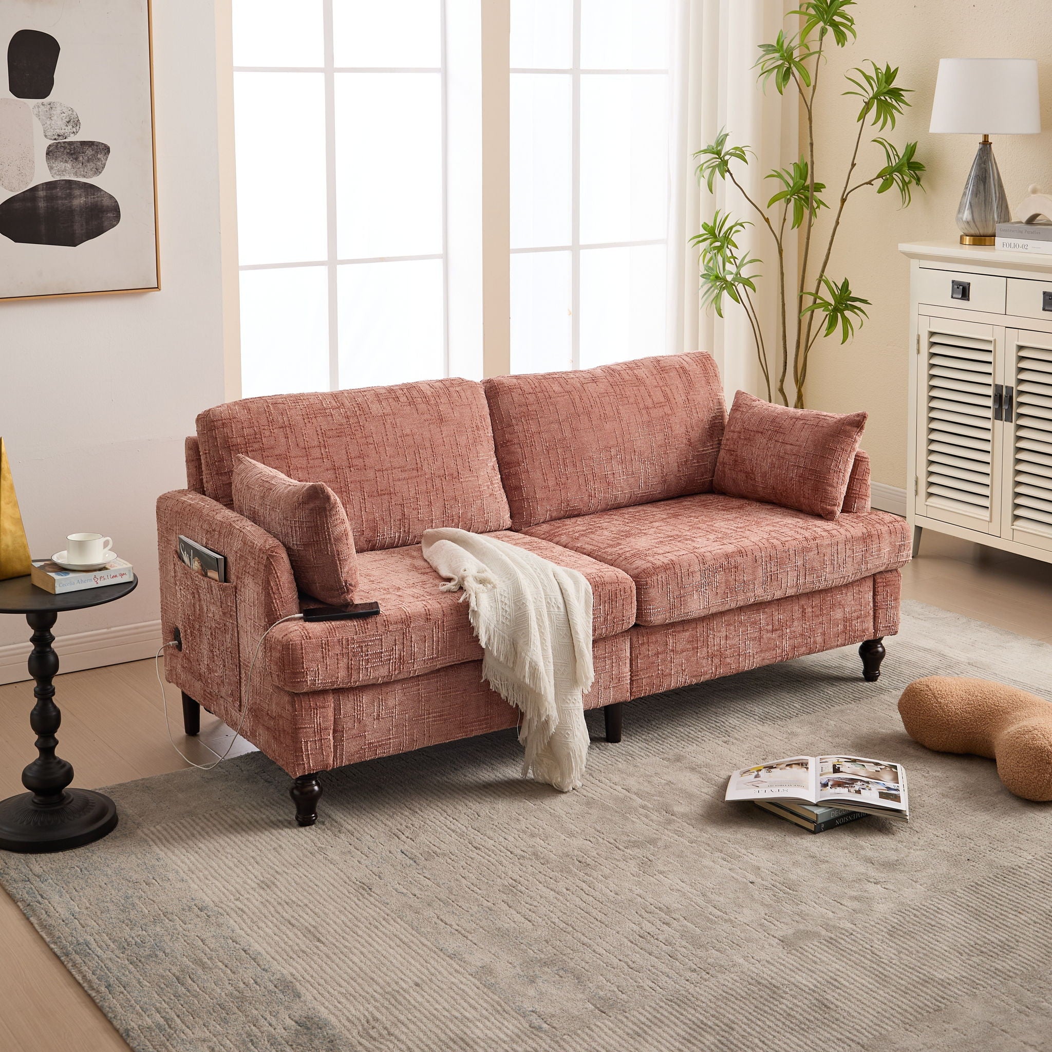 Chenille 2 Seater Sofa With LED Light, USB Charging Port, And Storage Bag - Best Buy Furniture