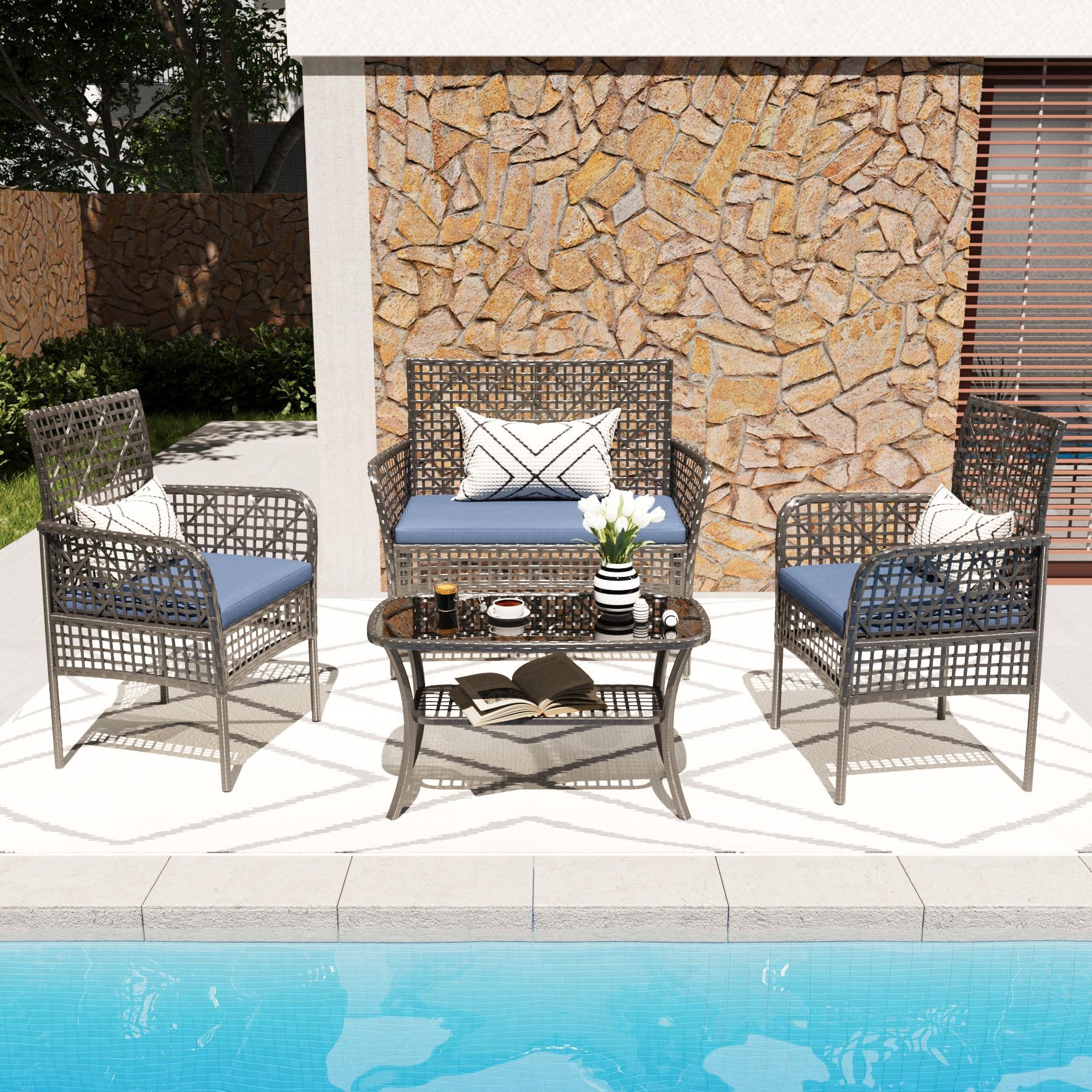 4 Pieces Rattan Wicker Chairs With Tempered Glass Table And Cushions - Best Buy Furniture