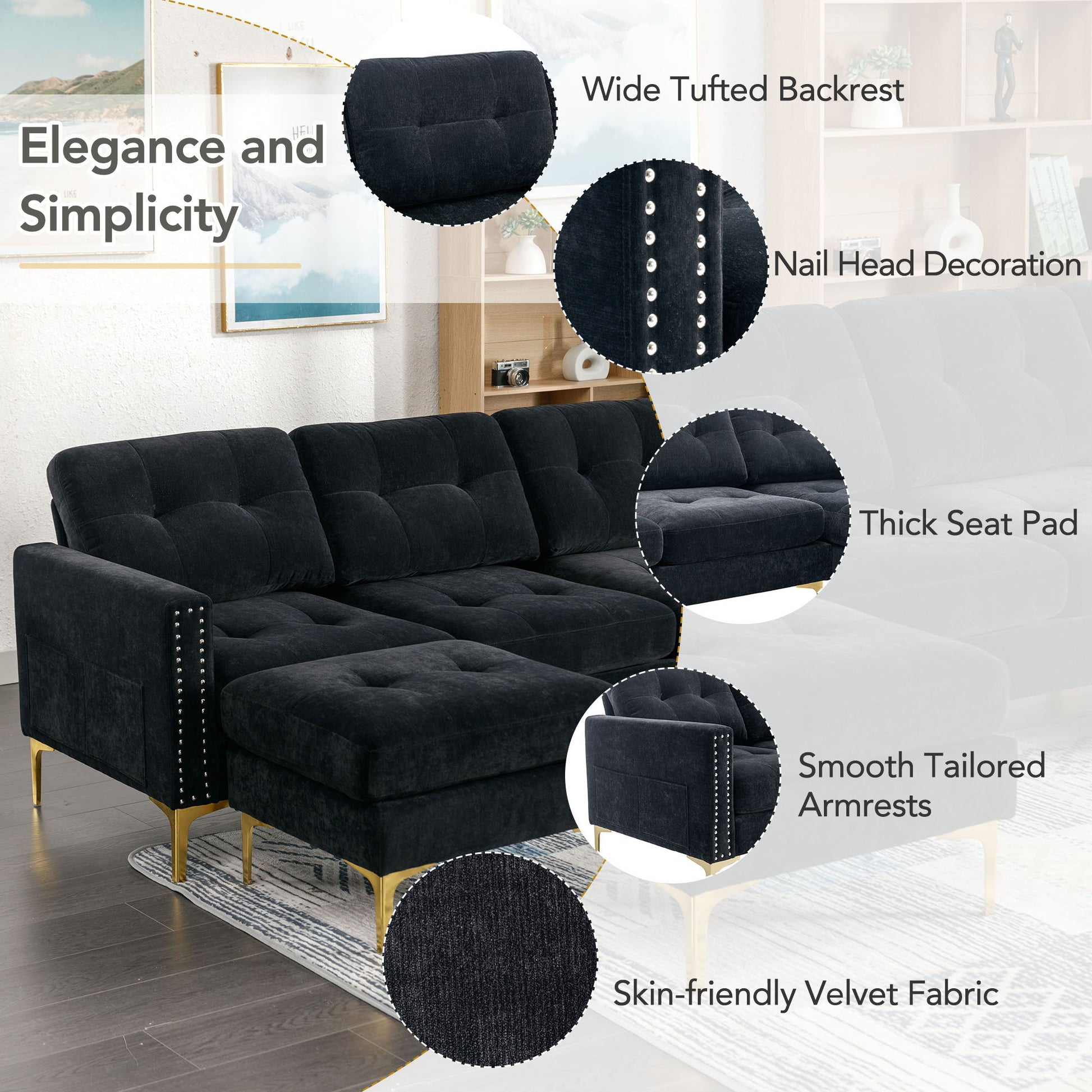 Modern L - Shape Convertible Sectional Sofa With Movable Ottoman - Best Buy Furniture