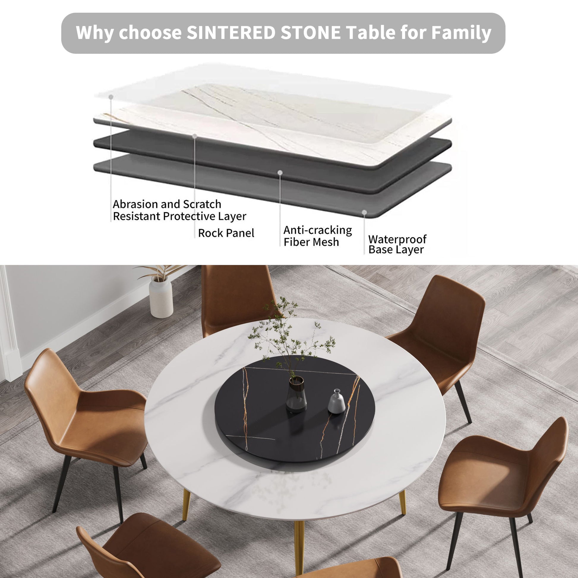 Modern Artificial Stone Round Dining Table, Can Accommodate 6 People Artificial Stone Turntable - Best Buy Furniture